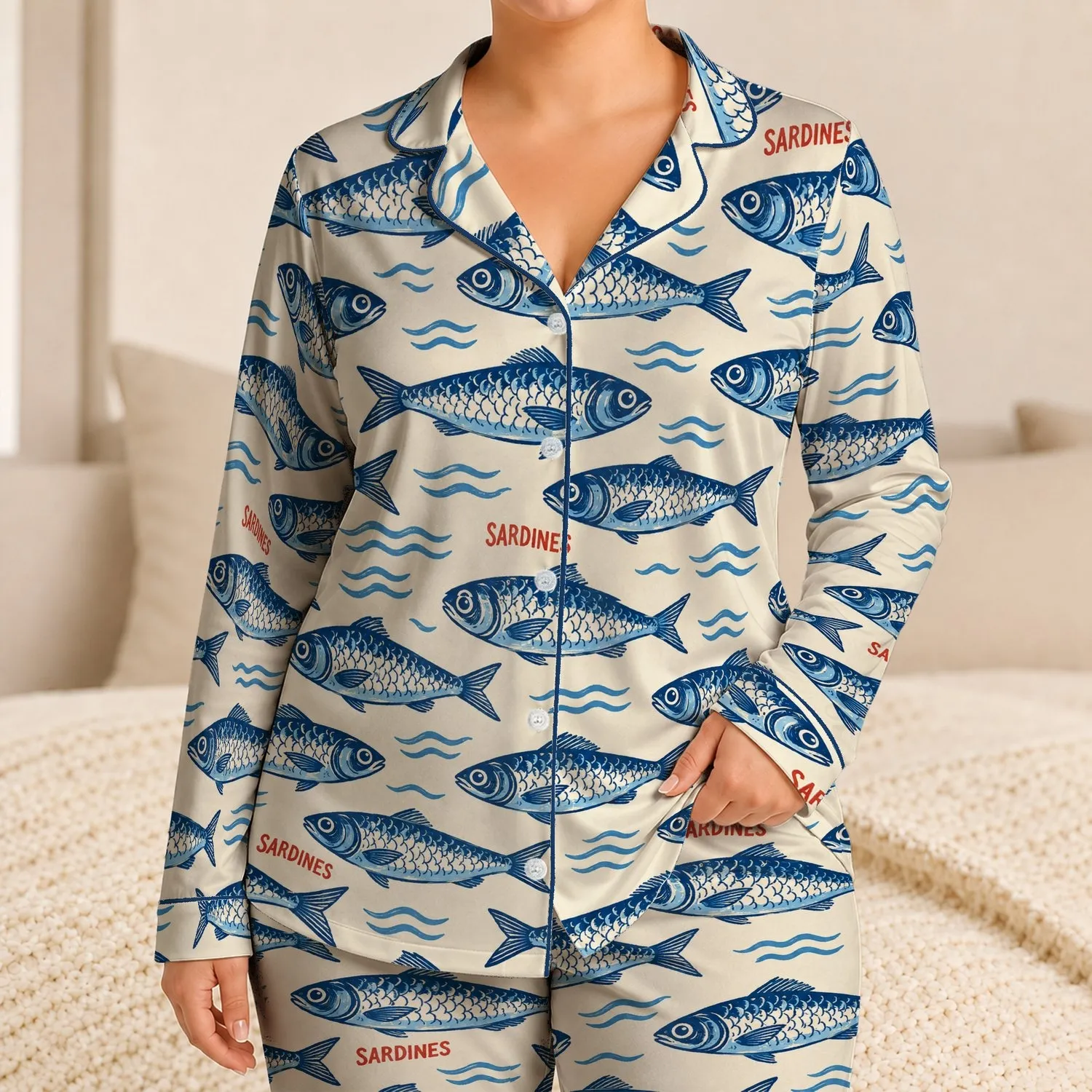 Blue Sardine Ocean Motifs for Coastal Lounging and Relaxed Summer Evenings for Her Satin Pajamas Set - 1