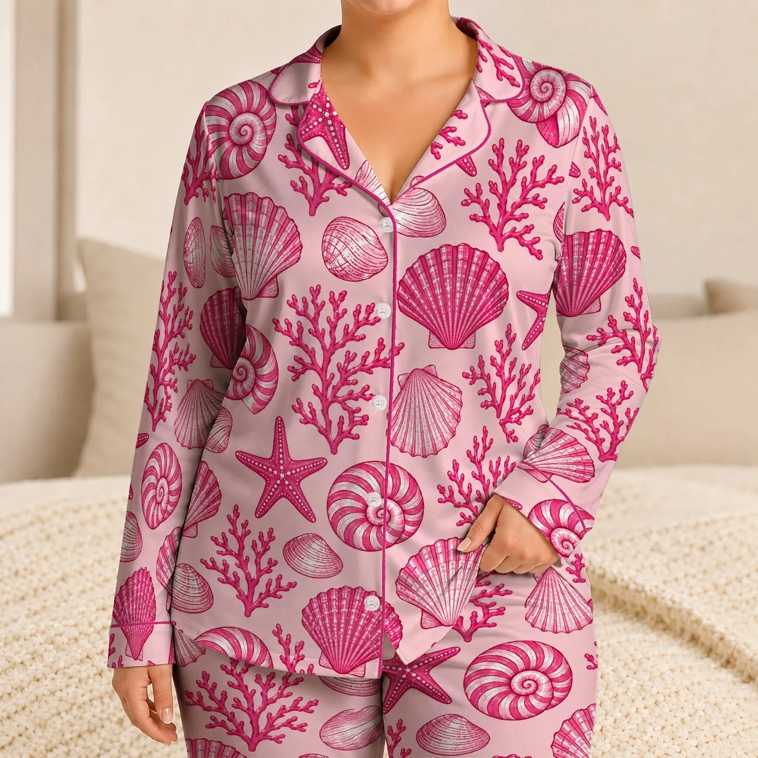 Pink Seashells and Starfish for Coastal Getaways and Relaxed Summer Morning Lounging Satin Pajamas Set - 1