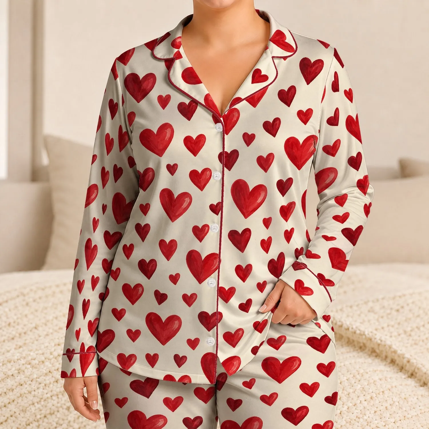 Scattered Crimson Hearts for Cozy Valentine's Day Lounging and Romantic Gift Giving Satin Pajamas Set - 1