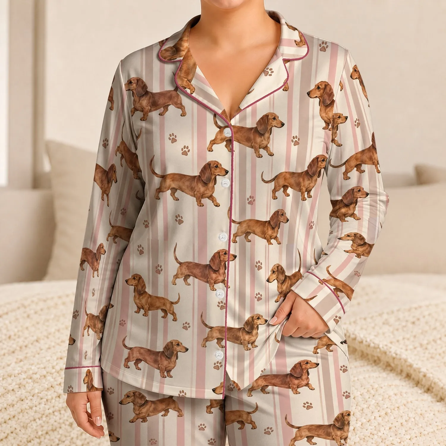 Dachshund Dogs and Blush Stripes for Cozy Weekend Lounging, a Sweet Gift for Her Satin Pajamas Set - 1