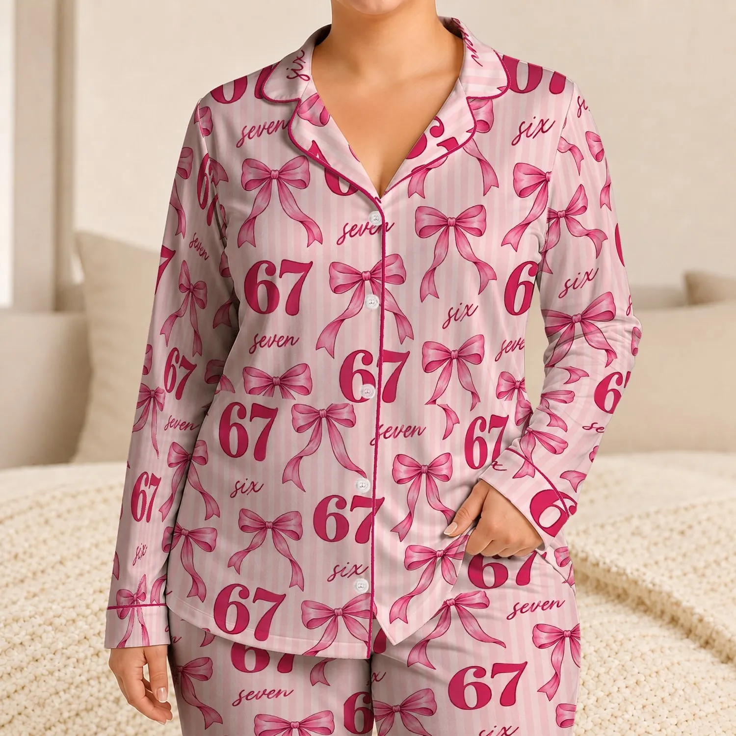 Raspberry 67 Bows And Blush Stripes For Cozy Evenings And Sweet Gift Giving Satin Pajamas Set - 1