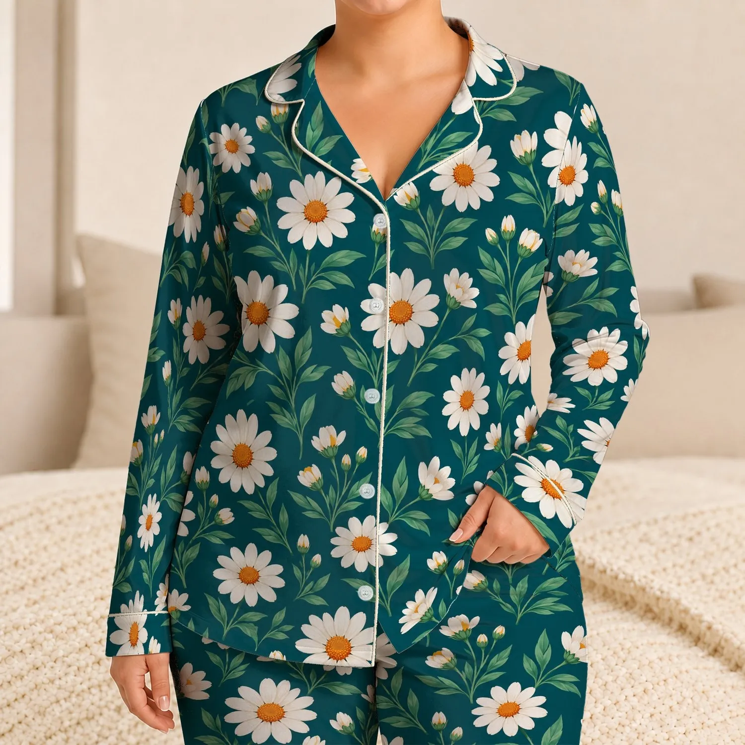 Teal Daisy Garden Blooms for Cheerful Summer Days and Easy Outdoor Adventures for Girls Satin Pajamas Set - 1