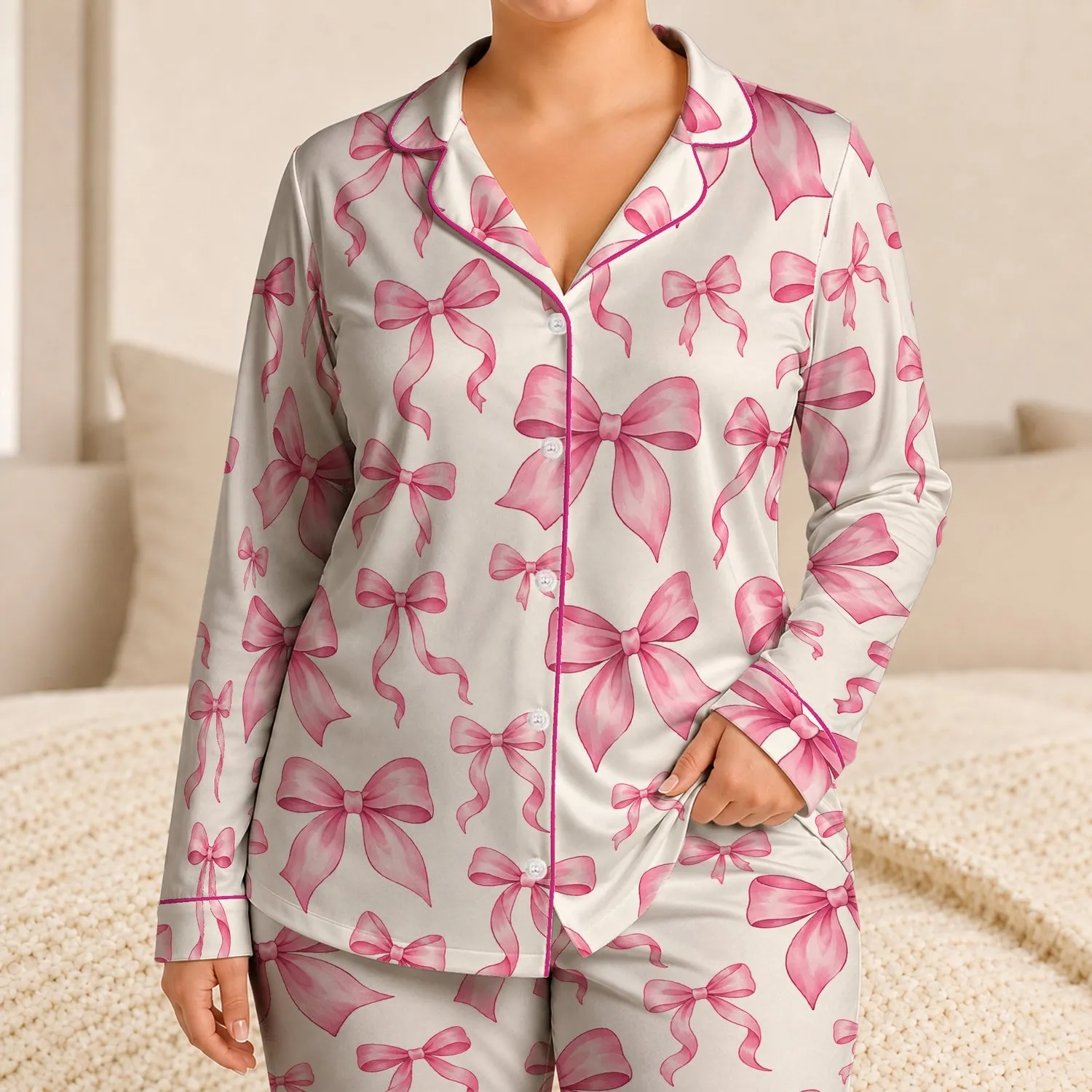 Delicate Pink Ribbon Bows for Cozy Lounging and Sweet Gift Giving at Home for Her Satin Pajamas Set - 1