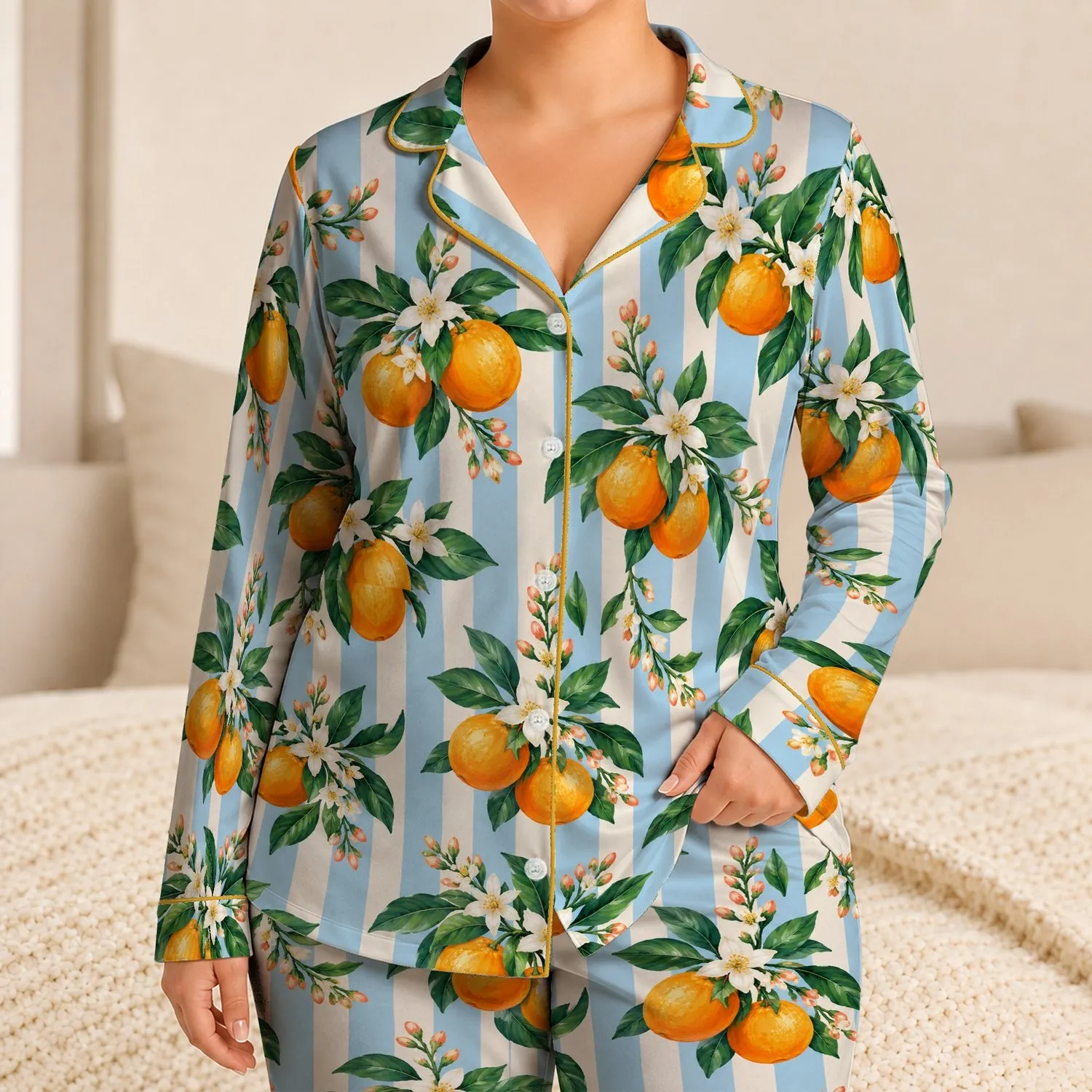 Blue Stripe Oranges and Blossoms for Relaxed Summer Lounging at Home for Women Satin Pajamas Set - 1