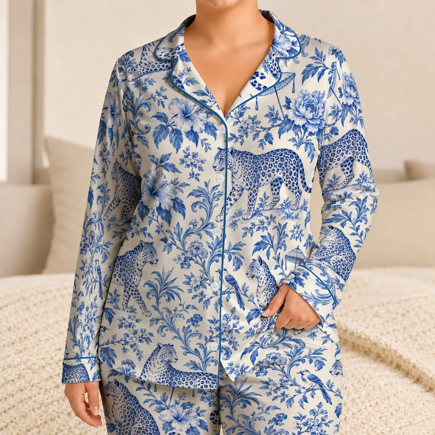 Blue Leopard and Floral Toile for Relaxed Resort Living and Thoughtful Gift Giving Satin Pajamas Set - 1