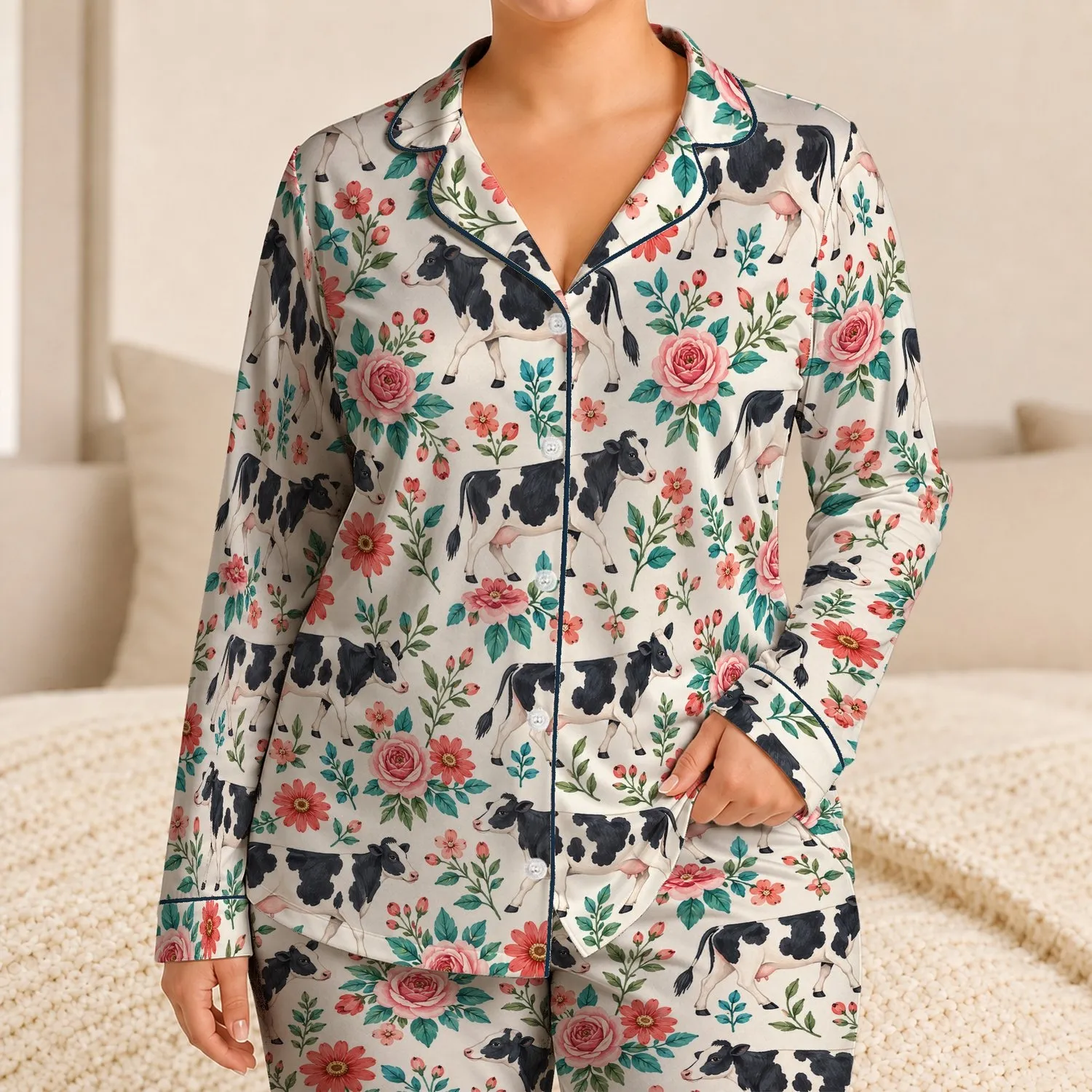 Black And White Cows With Garden Roses For Cozy Farmhouse Lounging And Gift Giving Satin Pajamas Set - 1