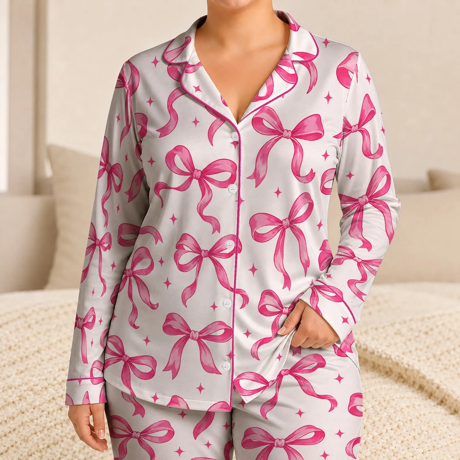 Hot Pink Ribbon Bows for Cozy Lounging and Sweet Everyday Relaxation Satin Pajamas Set - 1