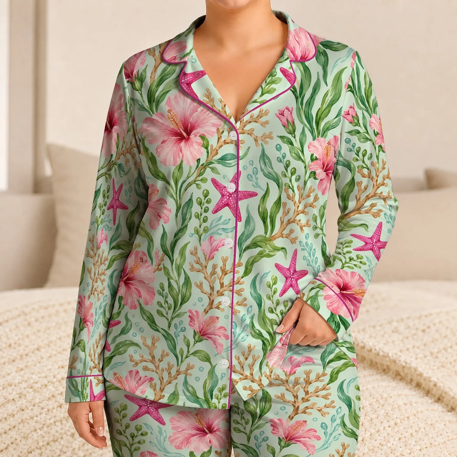 Pink Starfish and Sea Blooms for Coastal Getaways and Relaxed Summer Nights at Home Satin Pajamas Set - 1