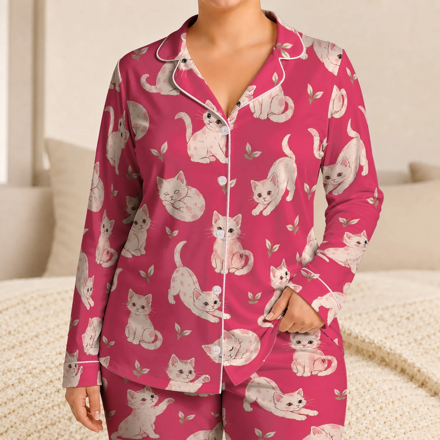 Playful Pink Kittens for Cozy Evenings, Lounging Days, and Gifts for Cat Lovers Satin Pajamas Set - 1