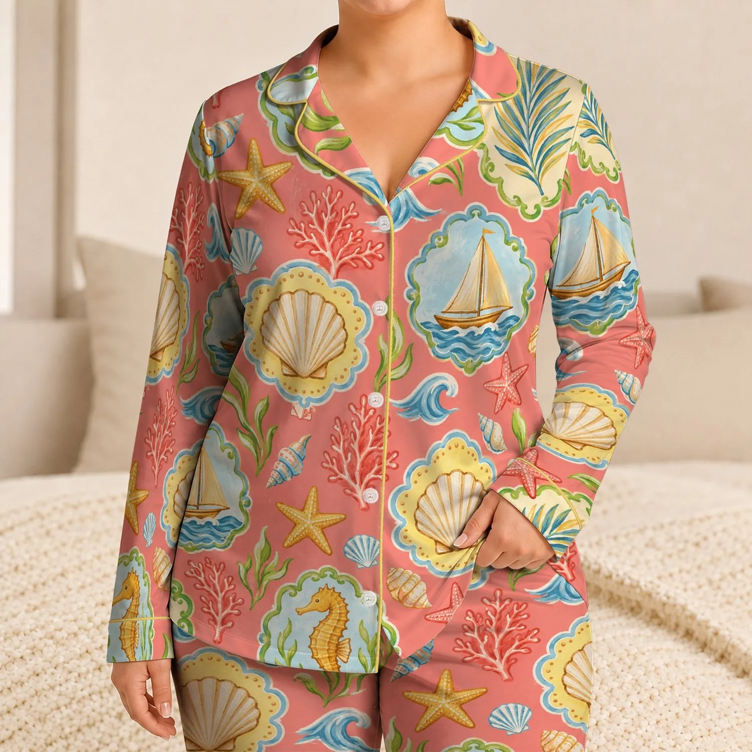 Retro Ocean Shells and Sailboats for Relaxed Coastal Evenings at Home Satin Pajamas Set - 1