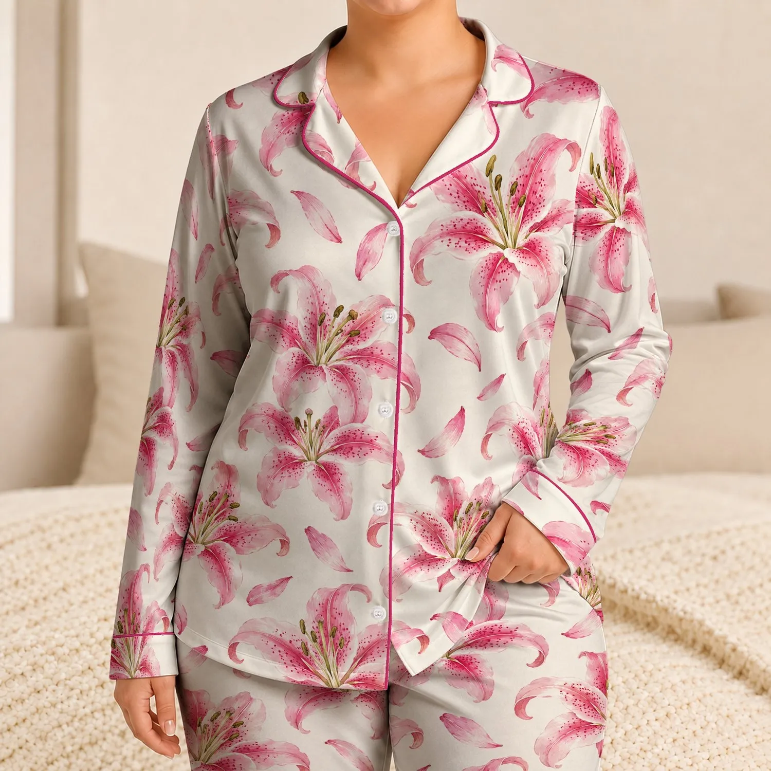 Pink Stargazer Lilies for Romantic Springtime Lounging and Serene Gifting Moments Satin Pajamas Set - 1