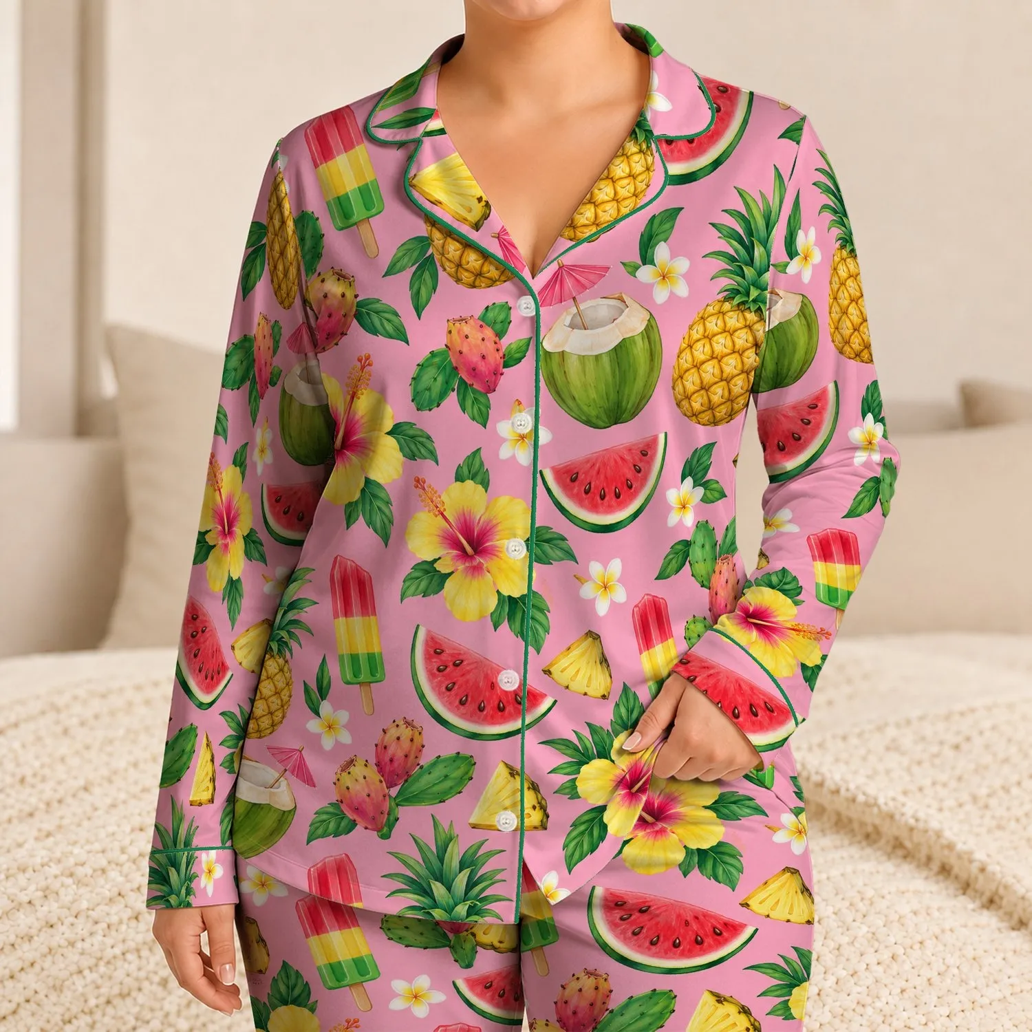 Tropical Fruit and Hibiscus Motifs for Sunny Summer Getaways and Relaxed Lounging Satin Pajamas Set - 1