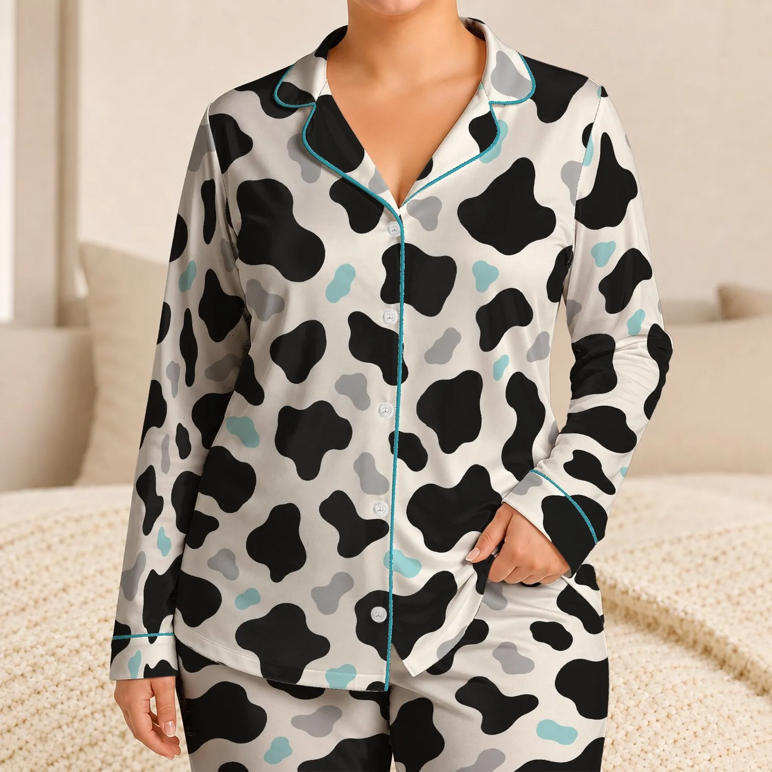 Classic Black And Ivory Cowhide Motif For Cozy Farmhouse Lounging And Relaxed Weekends Satin Pajamas Set - 1