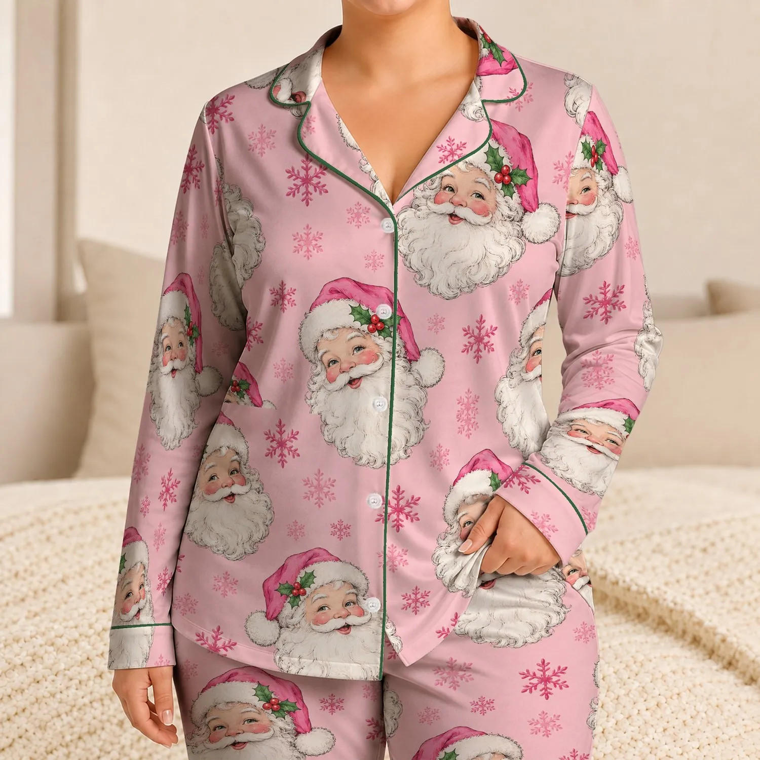 Blush Santa And Snowflake Christmas Cheer For Cozy Winter Holiday Evenings Satin Pajamas Set - 1