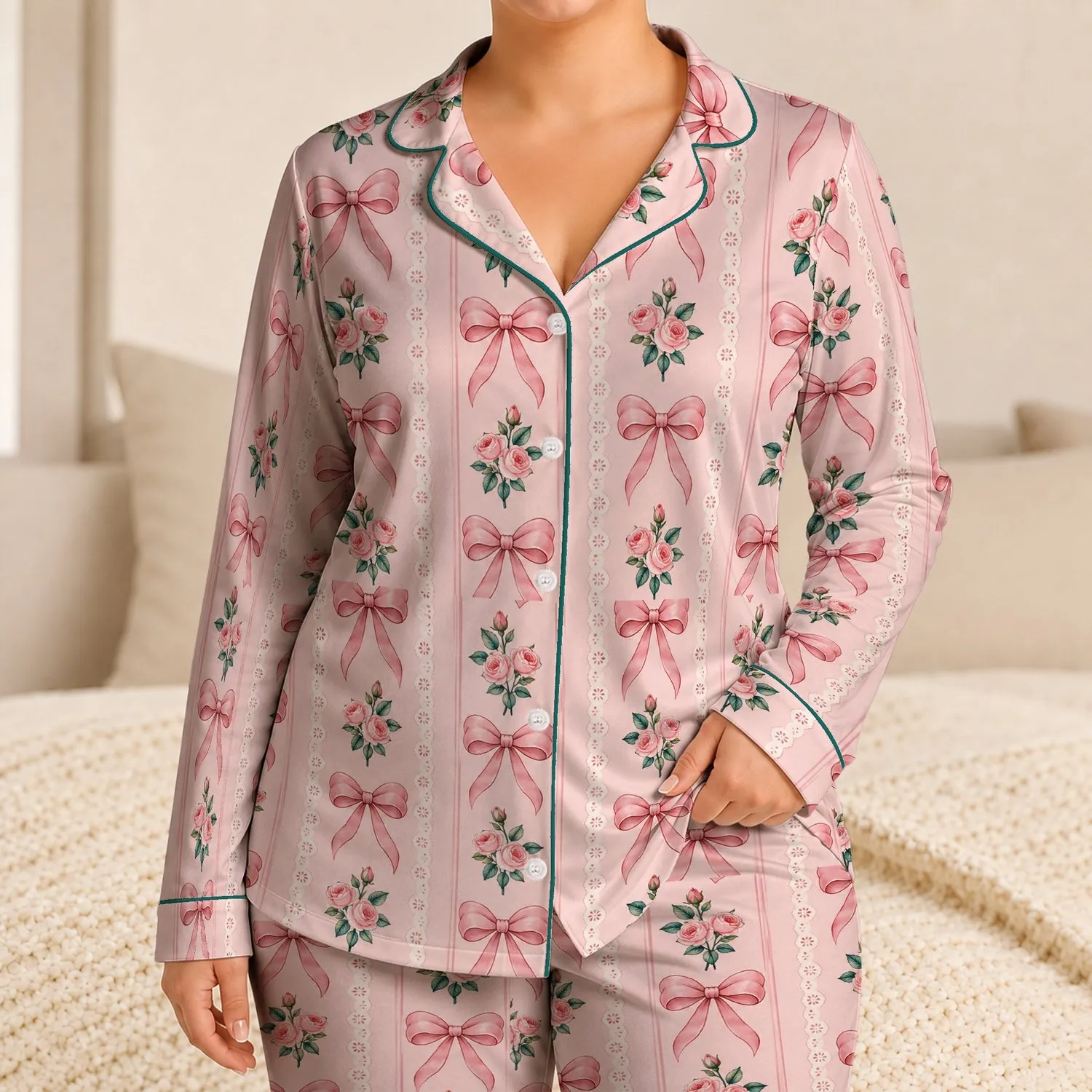 Pink Bow And Rose Sprigs For Cozy Evenings, Weekend Lounging And Sweet Gifts For Her Satin Pajamas Set - 1
