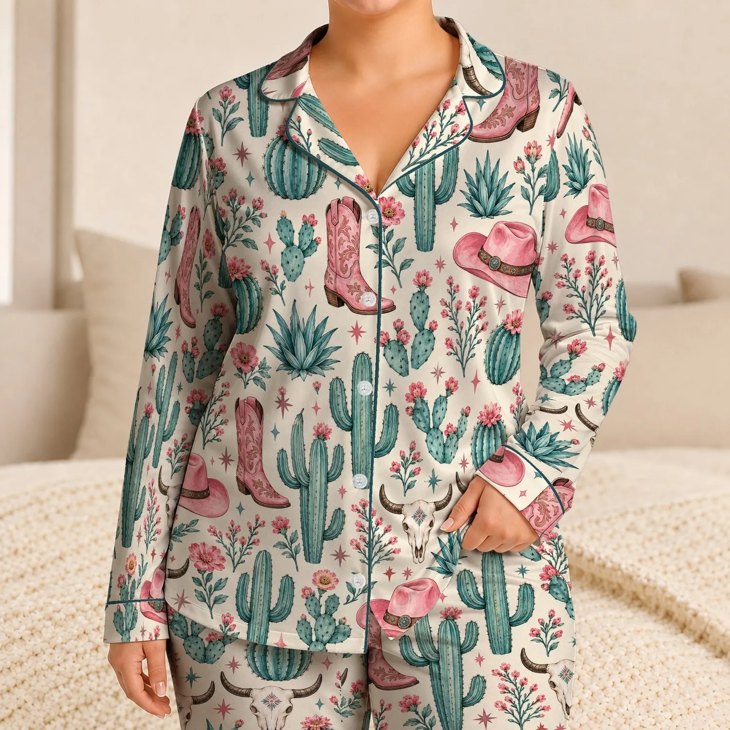 Watercolor Cactus and Pink Cowboy Hat Western Desert for Cozy Ranch Getaways at Home Satin Pajamas Set - 1