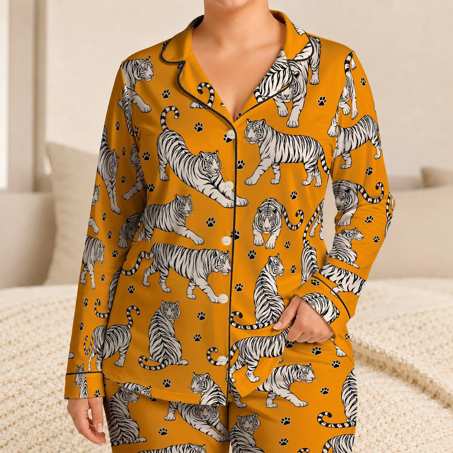 White Tiger Motif for Cozy Autumn Evenings and Relaxed Lounging Satin Pajamas Set - 1