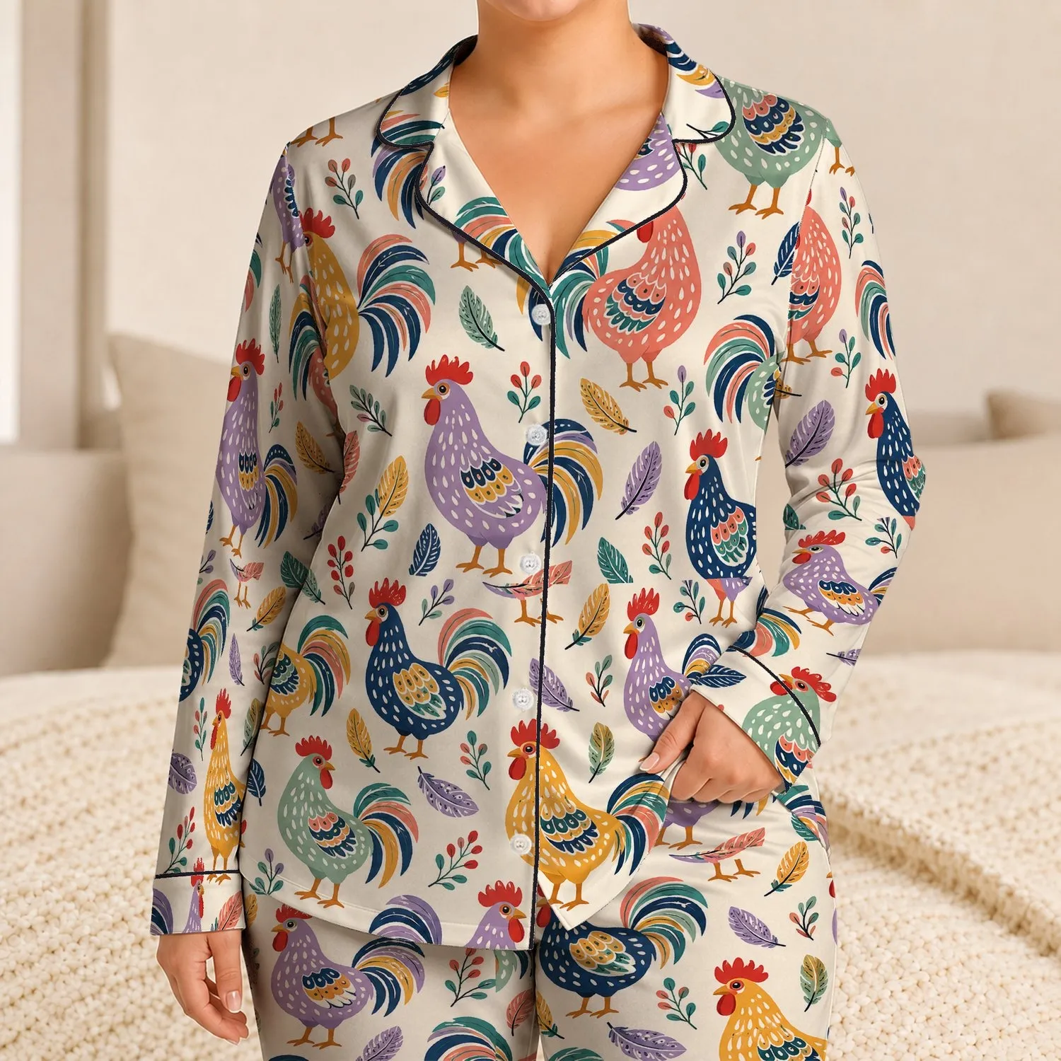 Playful Farmyard Roosters for Cozy Mornings and Relaxed Countryside Home Living Satin Pajamas Set - 1