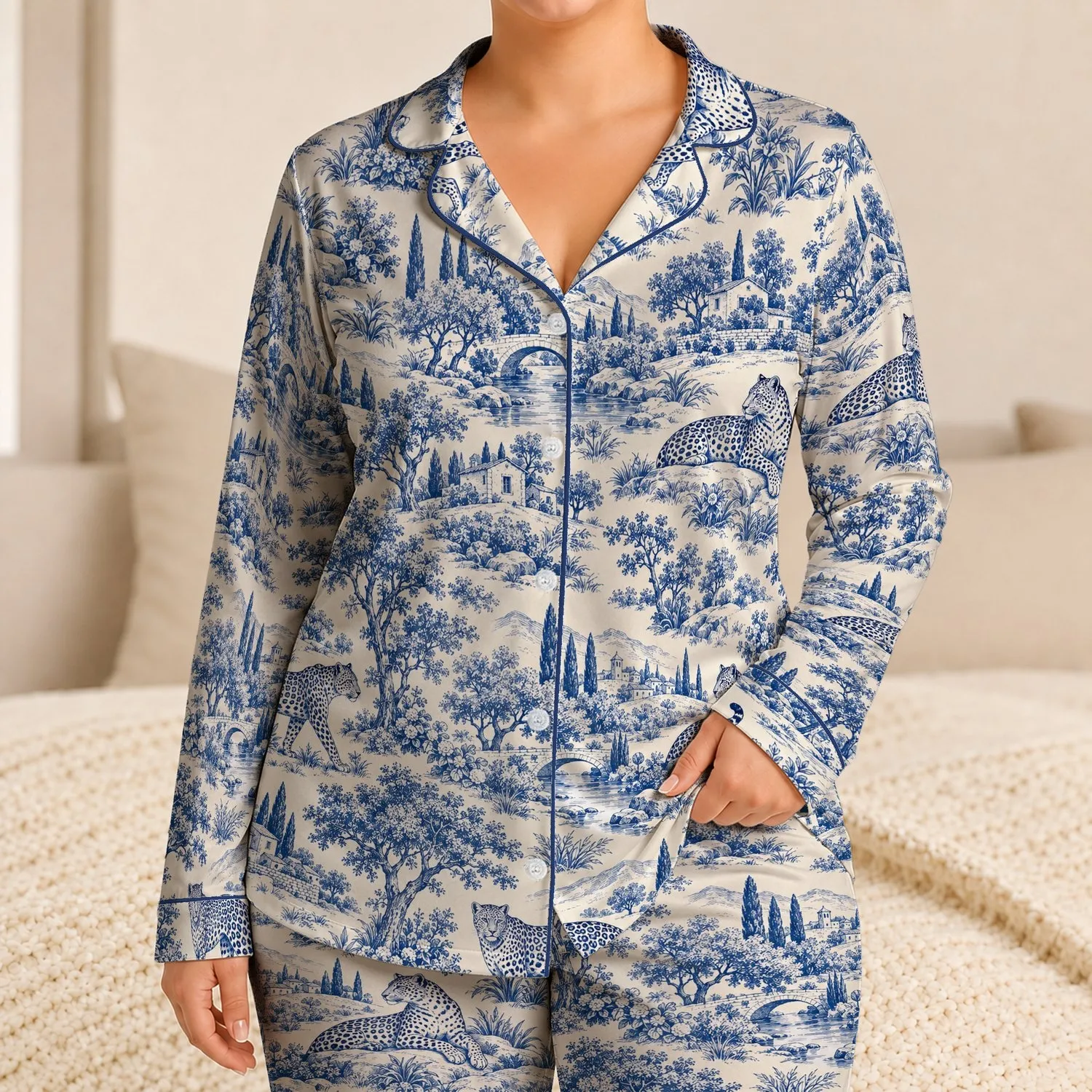 Blue Toile Tigers and Countryside Vignettes for Serene Evening Lounging at Home Satin Pajamas Set - 1
