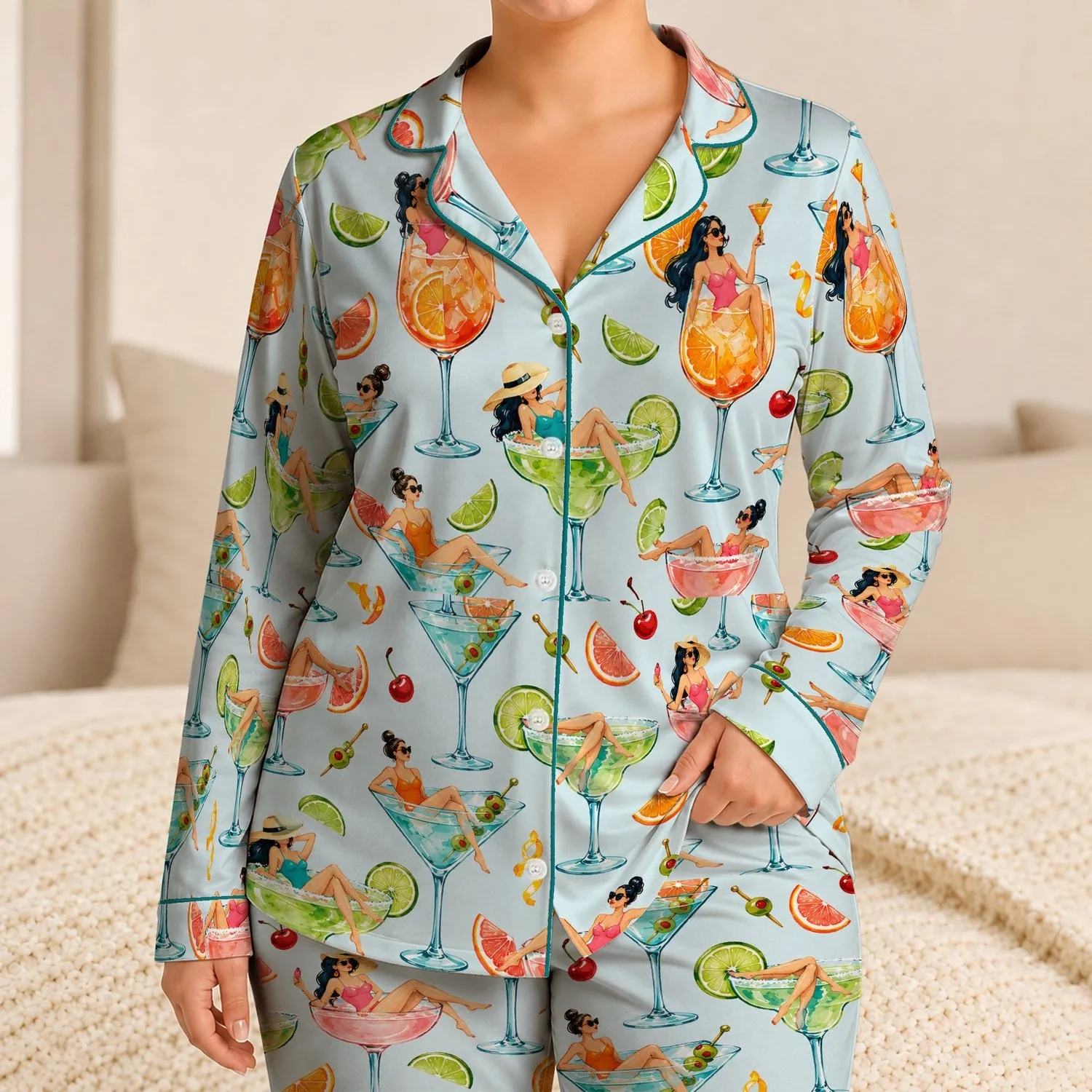 Colorful Cocktail Glasses And Resort Sips For Cheerful Summer Lounging Satin Pajamas Set - 1