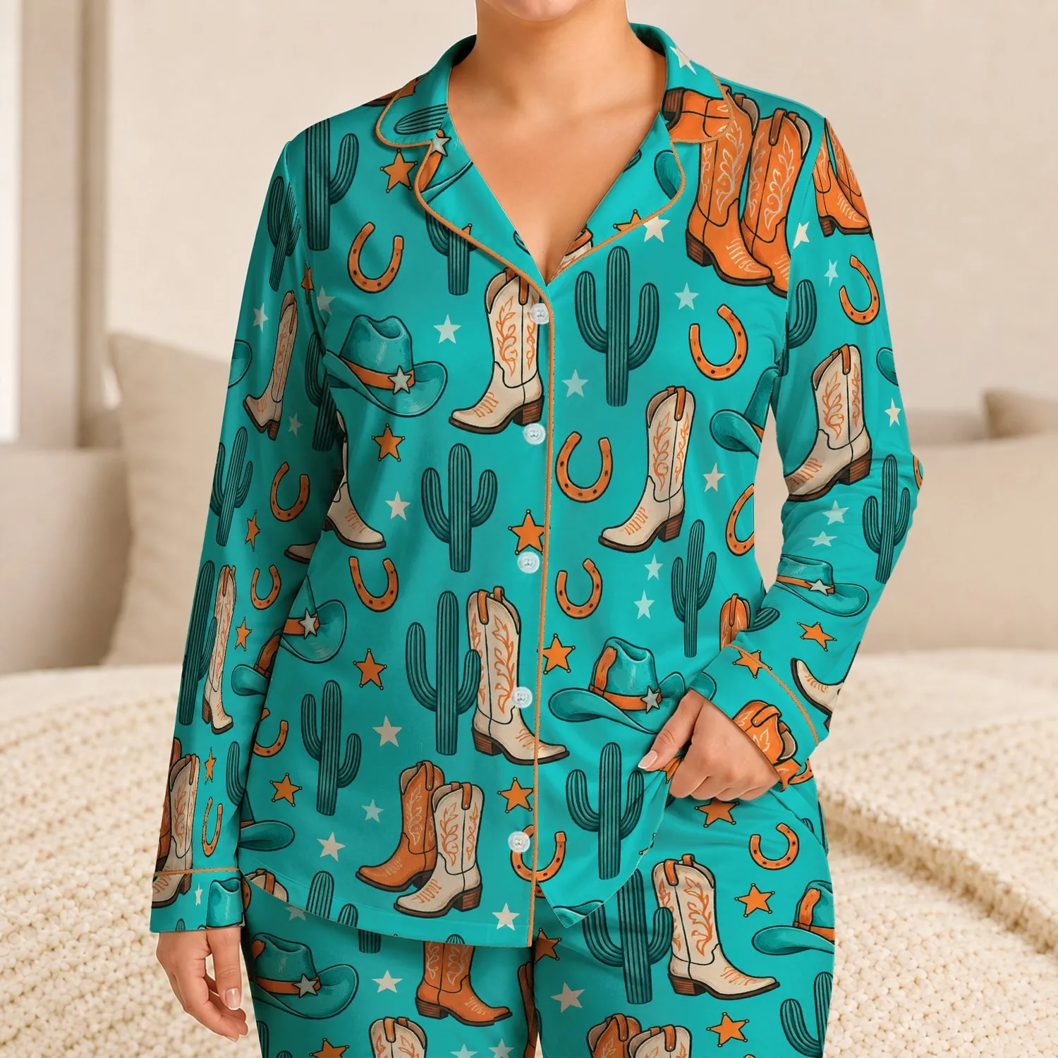 Turquoise Western Boots, Cowboy Hats & Cacti for Cozy Ranch Evenings at Home for Her Satin Pajamas Set - 1