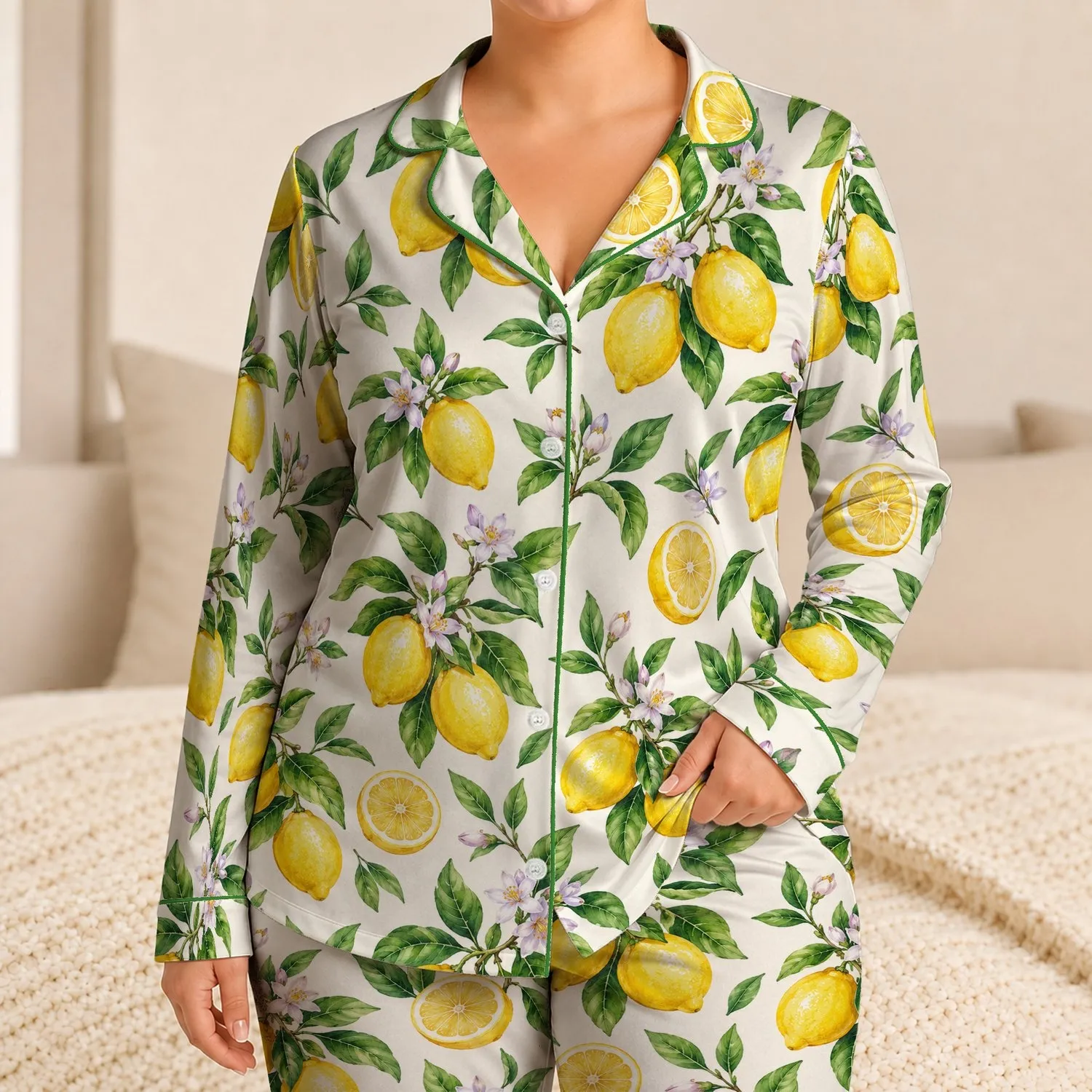 Watercolor Lemons And Green Leaves For Fresh Summer Mornings And Relaxed Evenings Satin Pajamas Set - 1