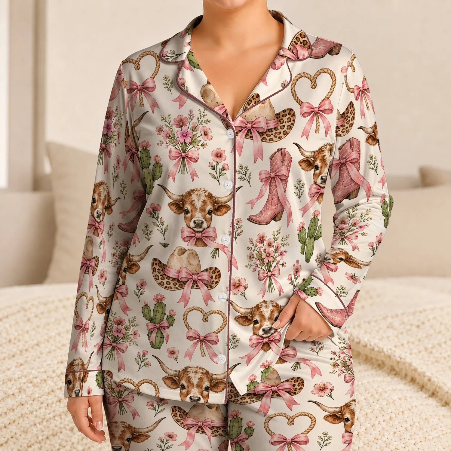 Pink Bow Longhorn Cowboy Boots And Ranch Icons For Cozy Western Weekends Satin Pajamas Set - 1
