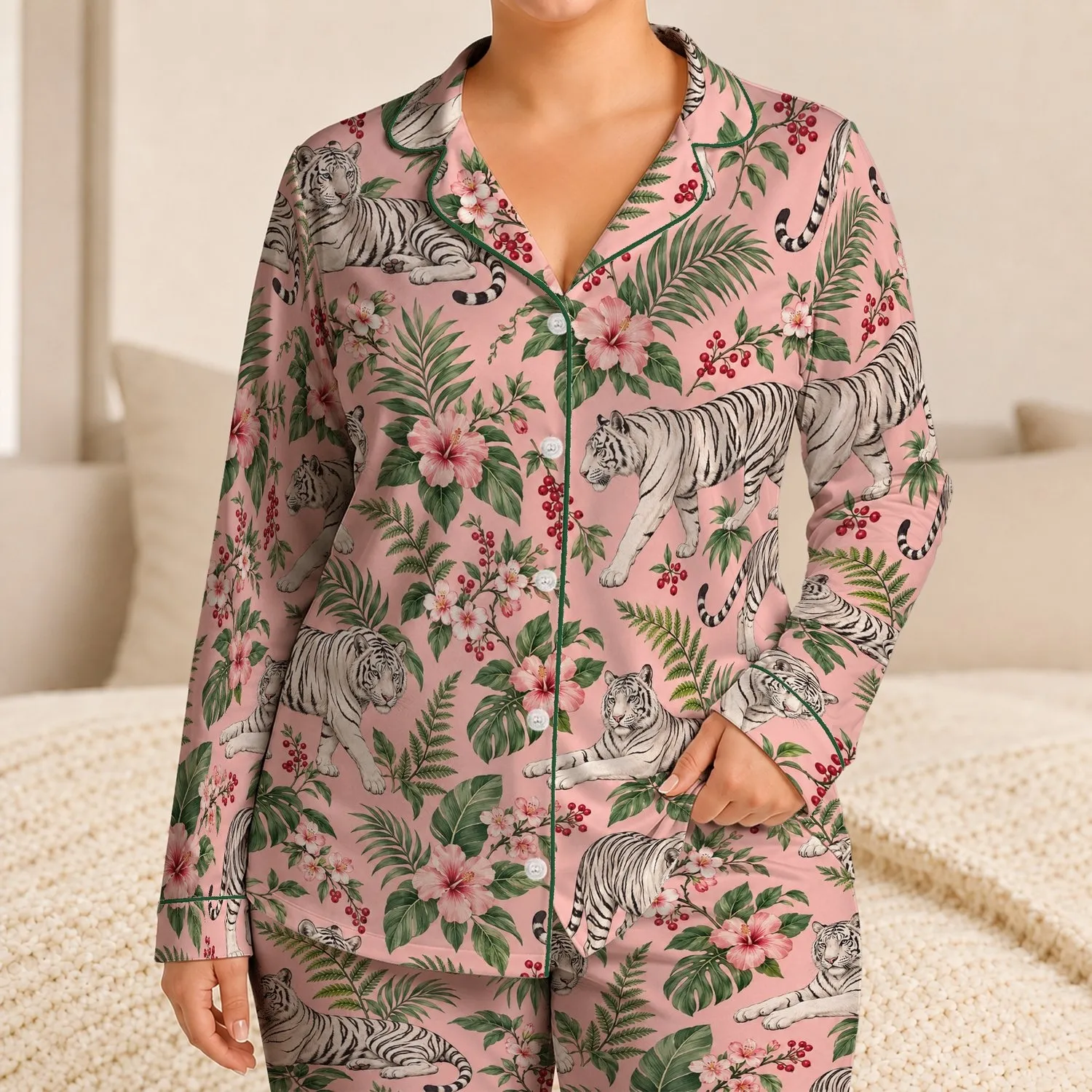 White Tigers Among Blush Orchids for Relaxed Botanical Evenings and Cozy Lounging Satin Pajamas Set - 1