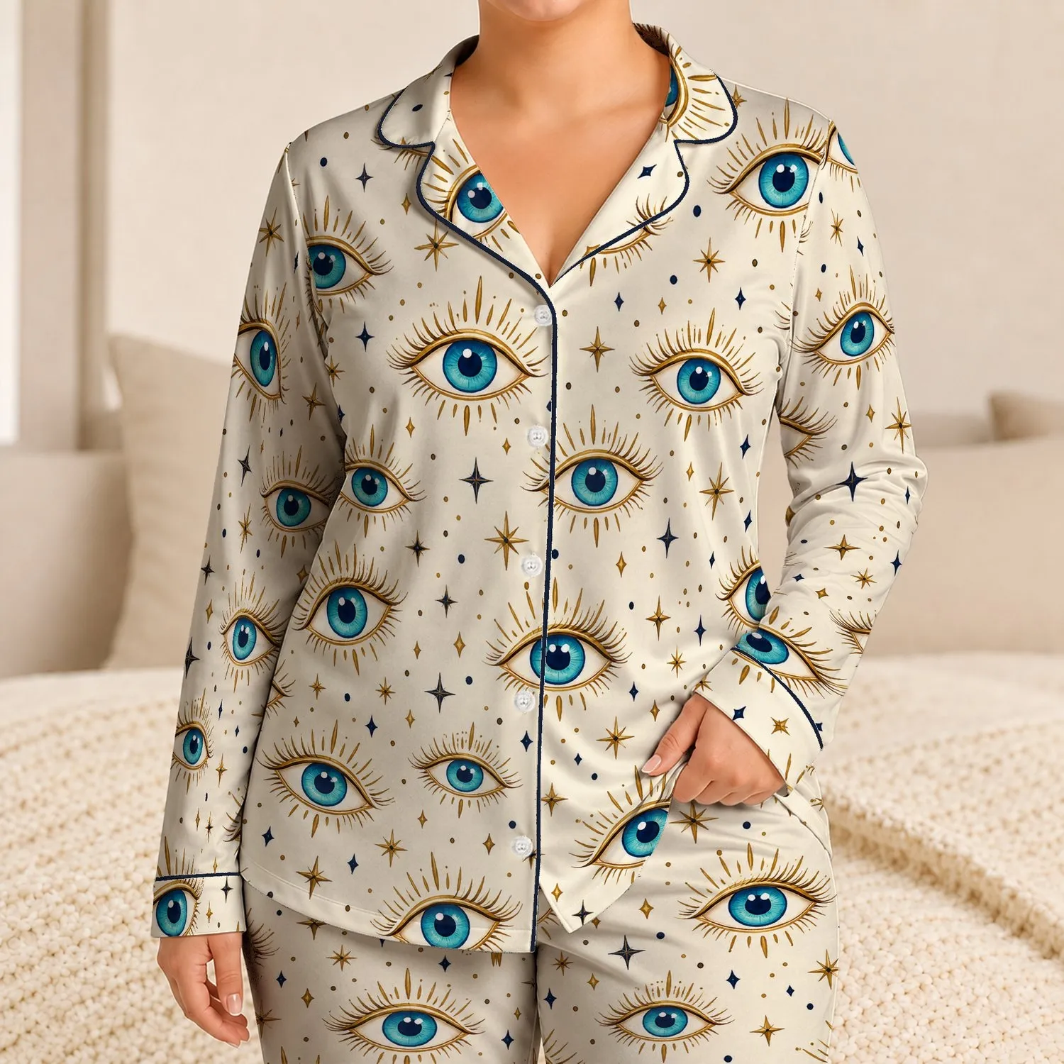 Blue-Eyed Sunburst Motifs for Cozy Holiday Mornings and Festive At-Home Lounging Satin Pajamas Set - 1