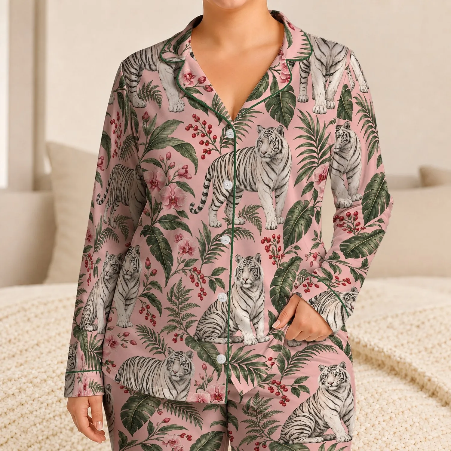 White Tiger and Pink Orchid Botanical Elegance for Cozy Autumn Evenings Satin Pajamas Set - 1
