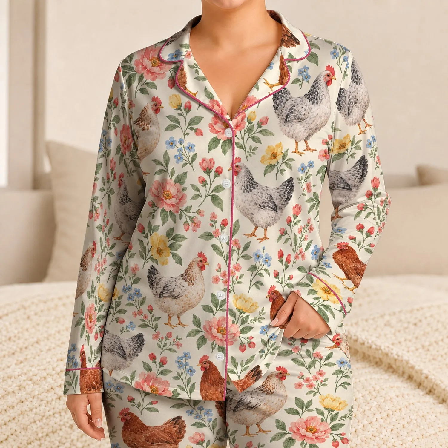 Watercolor Hens and Wildflowers for Cozy Farmhouse Mornings and Relaxed Lounging Satin Pajamas Set - 1