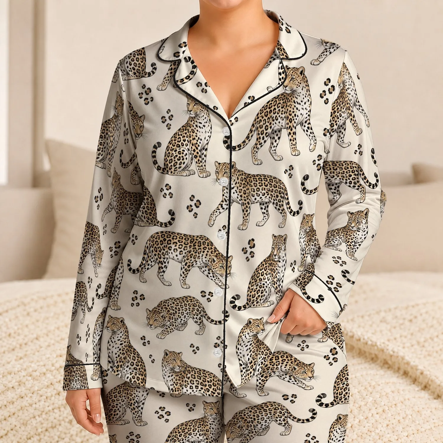 Leaping Leopard Cats for Cozy Safari Nights and Relaxed Wildcat Lounging at Home Satin Pajamas Set - 1