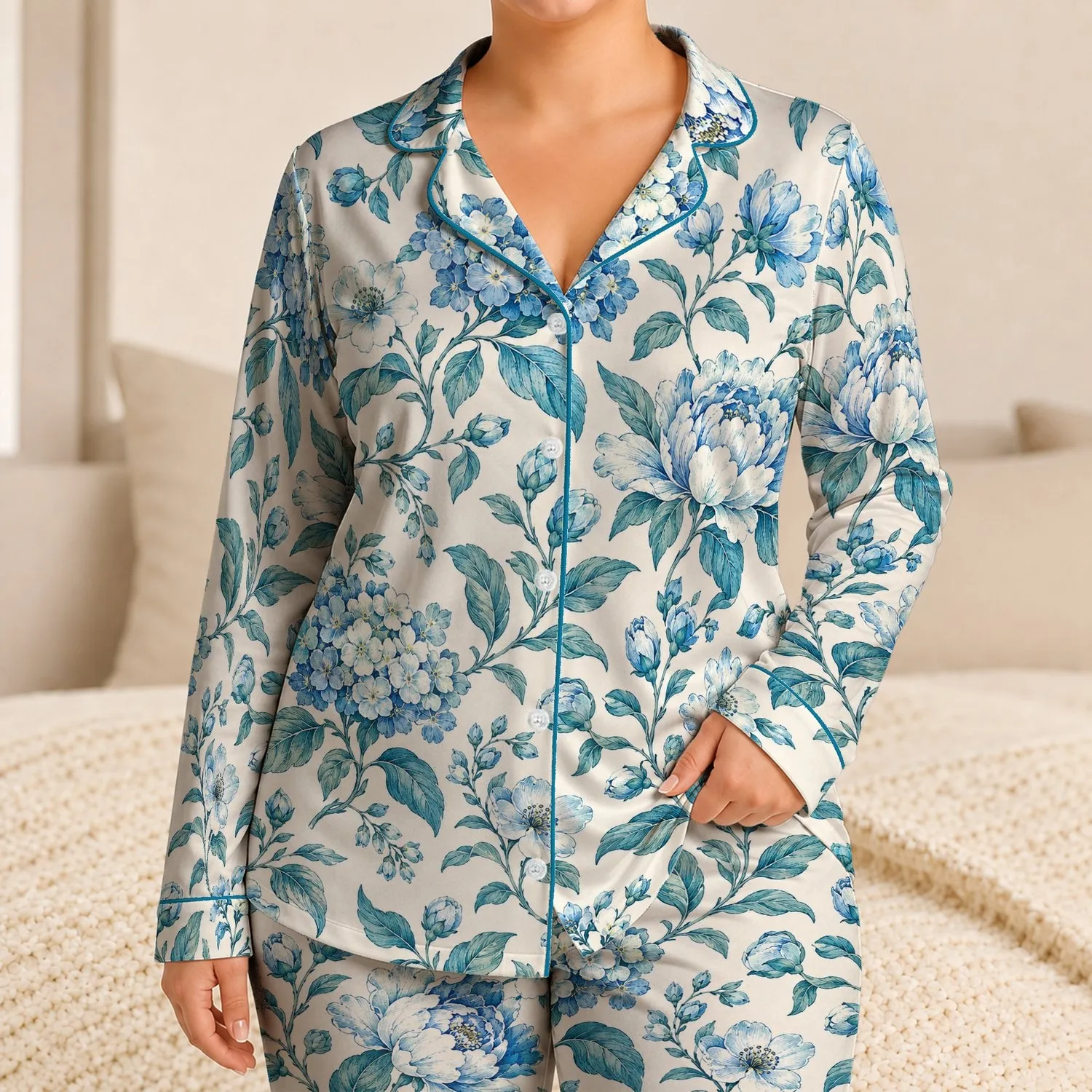 Turquoise Botanical Blooms for Relaxed Weekend Mornings and Serene Evening Lounging Satin Pajamas Set - 1