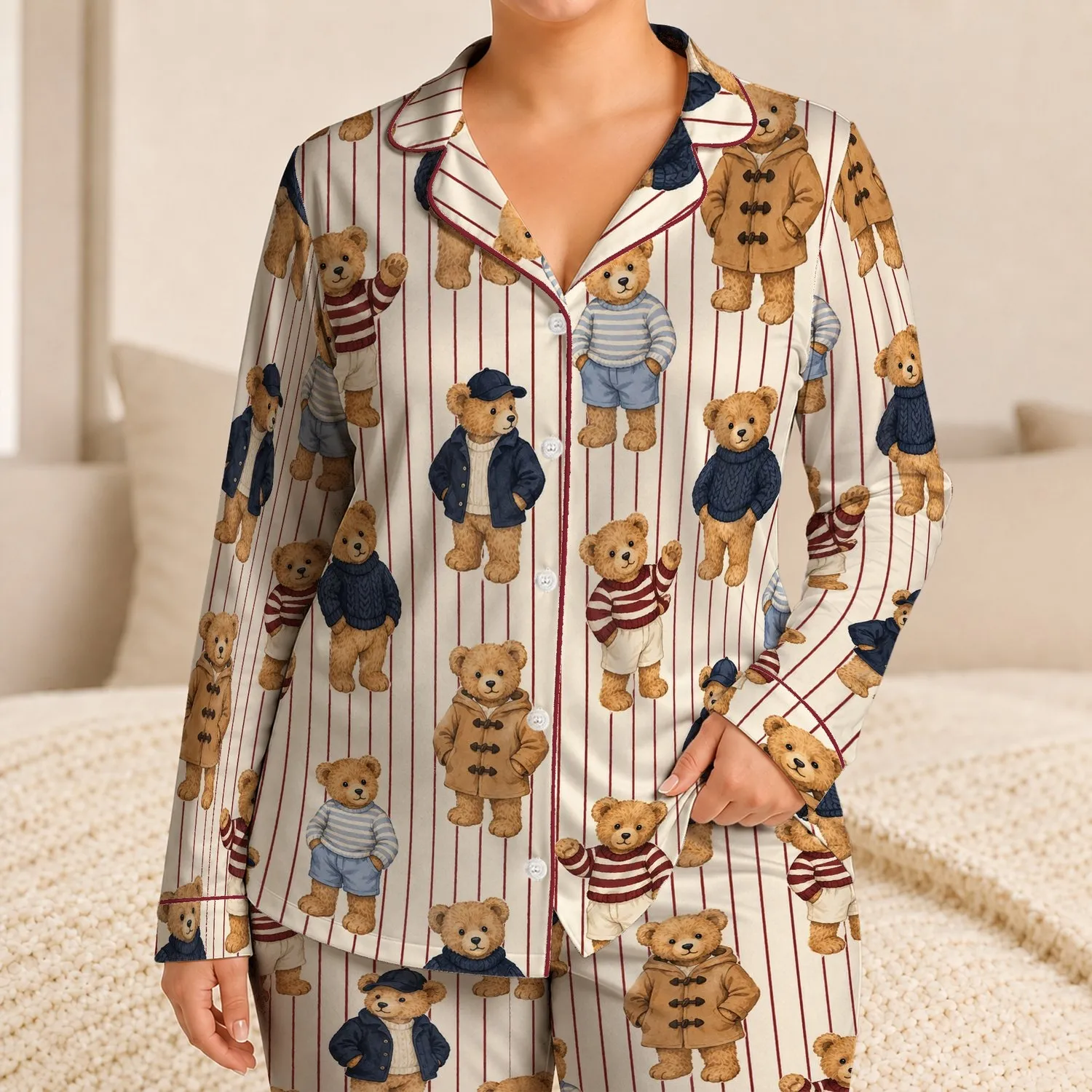 Burgundy Teddy Bears for Cozy Evenings, Weekend Lounging and Charming Gift Giving Satin Pajamas Set - 1