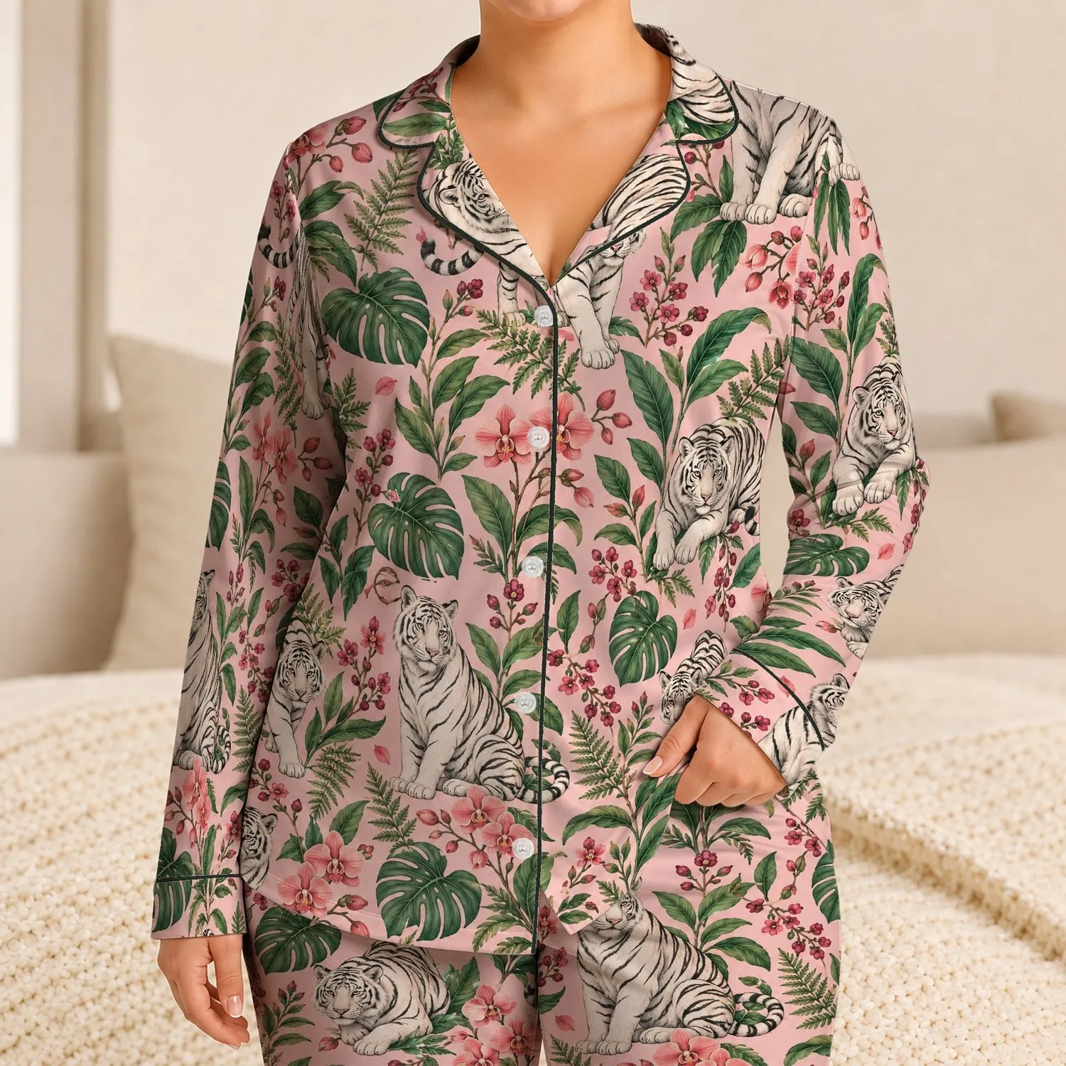 White Tiger and Blush Botanicals for Cozy Evenings and Relaxed Lounging Satin Pajamas Set - 1