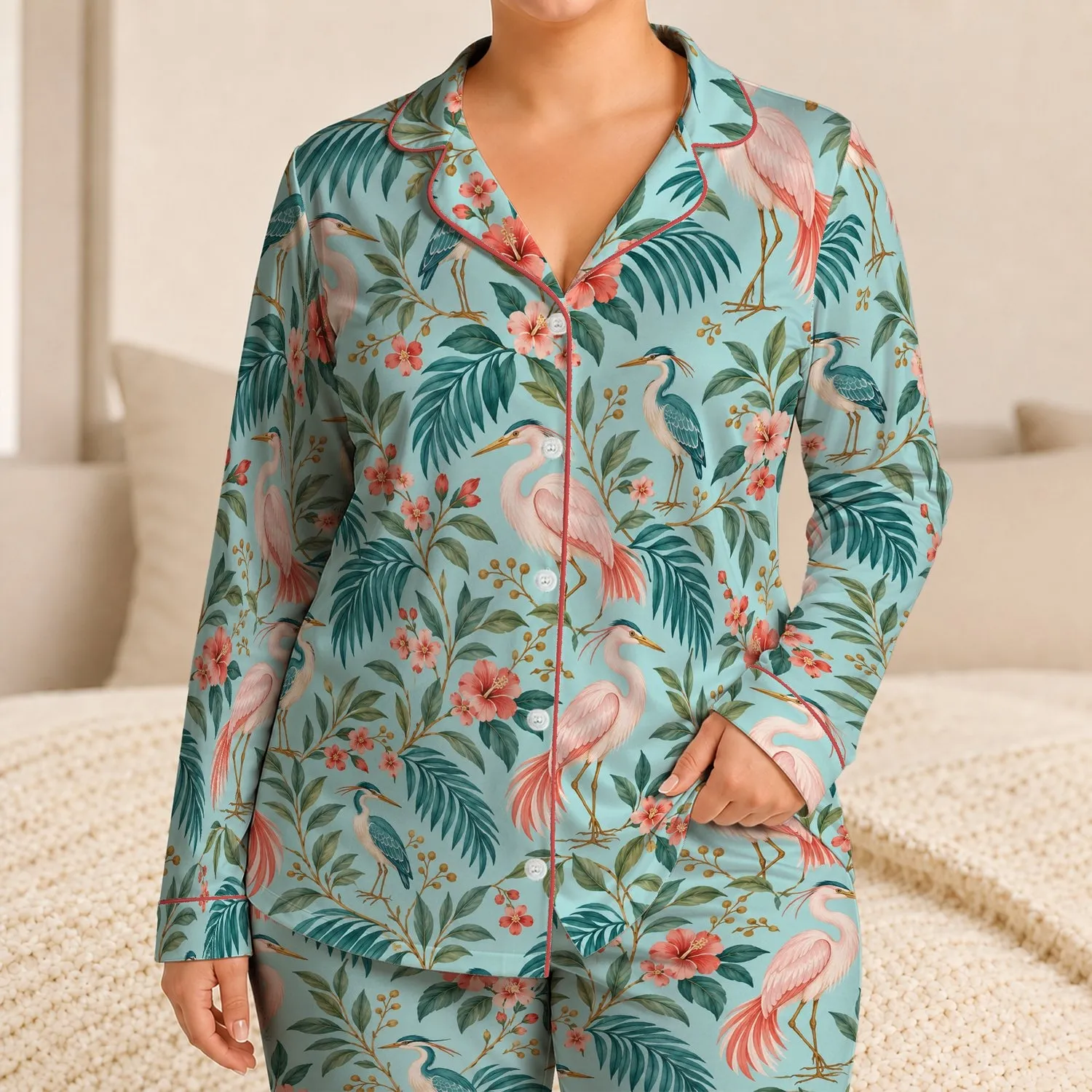 Tropical Flamingos and Botanical Blooms for Serene Summer Evenings and Relaxed Lounging Satin Pajamas Set - 1