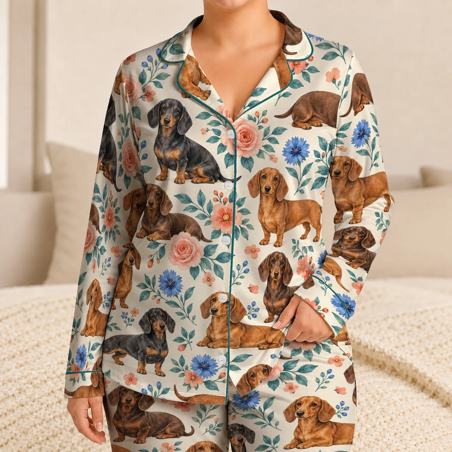Watercolor Dachshunds and Garden Blooms for Cozy Nights and Relaxed Weekends Satin Pajamas Set - 1
