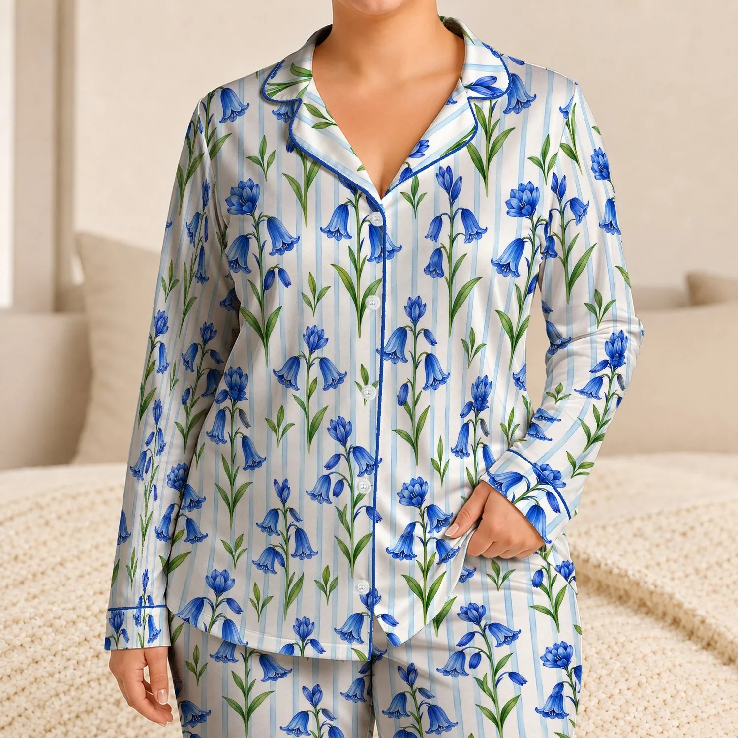 Blue Watercolor Flowers and Sky Blue Stripes for Elegant Relaxation and Thoughtful Gifting Satin Pajamas Set - 1