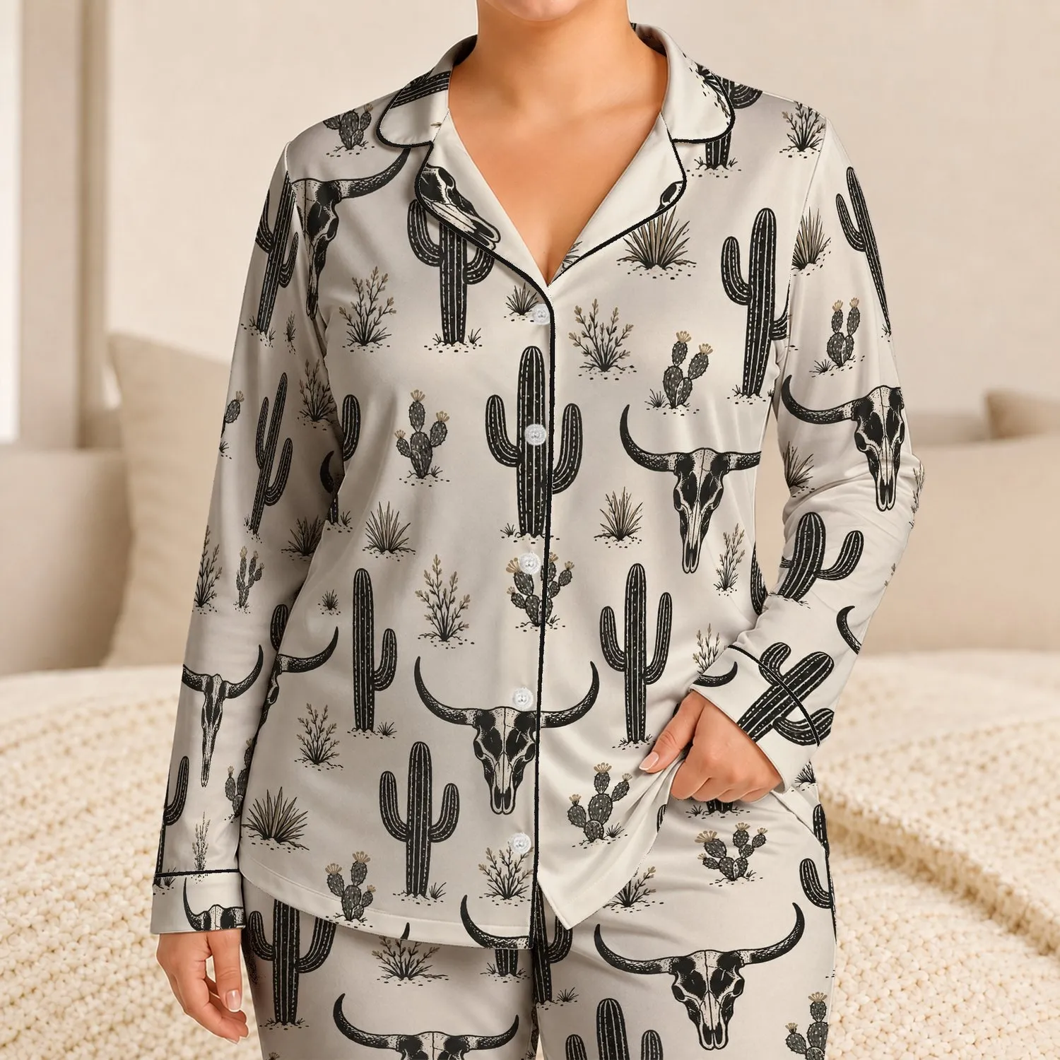 Western Bull Skulls And Cacti For Cozy Desert Nights And Relaxed Lounging Satin Pajamas Set - 1