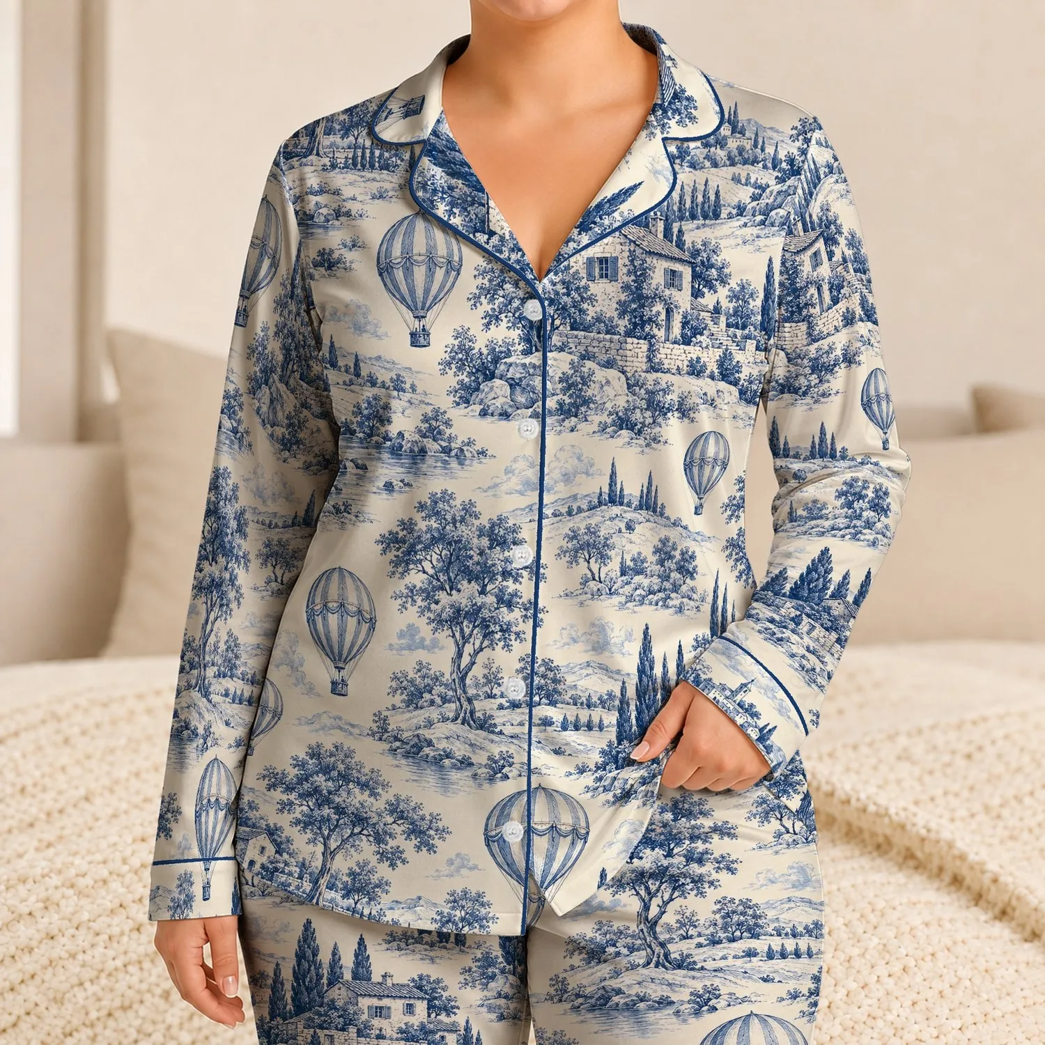 Blue Toile Hot Air Balloon Countryside Scenes for Cozy Getaways and Relaxed Evenings Satin Pajamas Set - 1