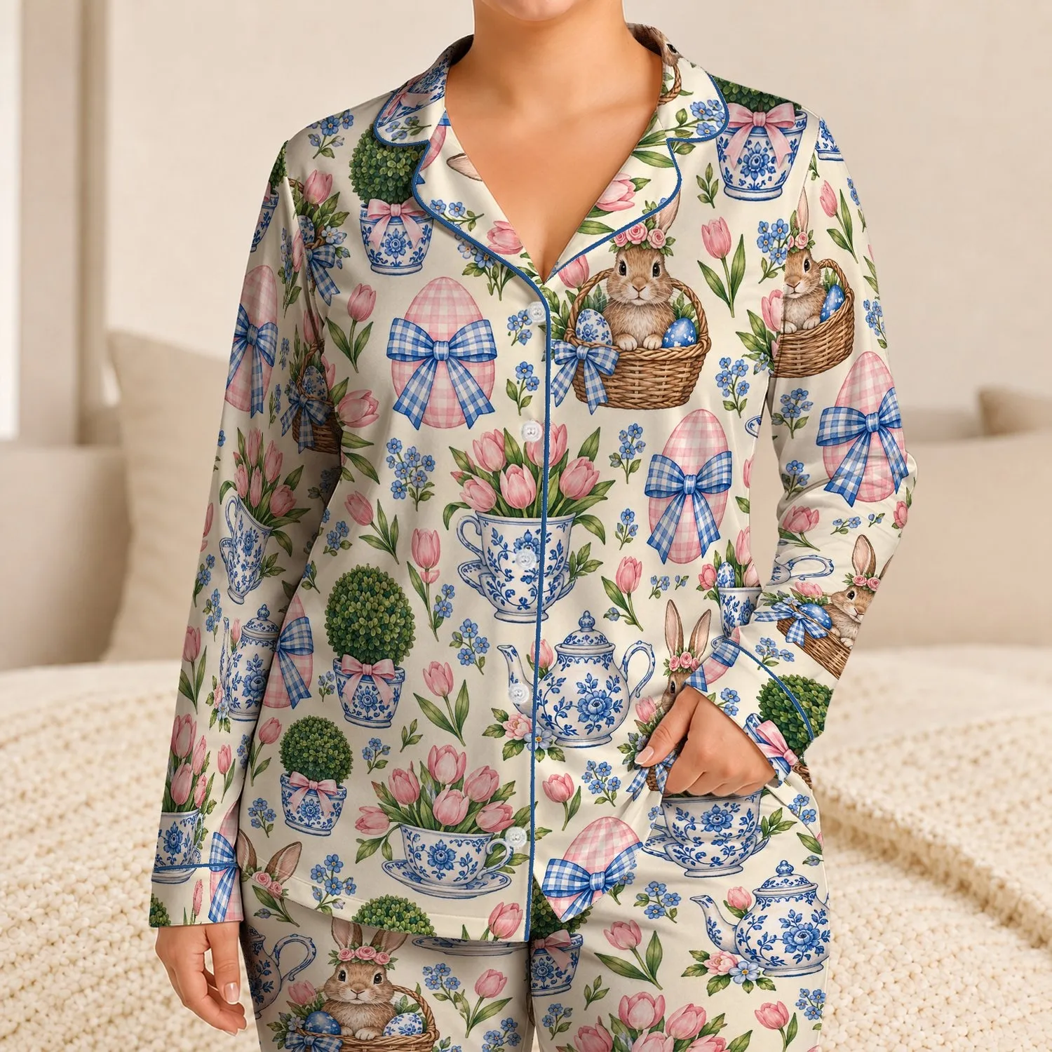 Pastoral Bunny and Bow-Tied Easter Eggs for a Sweet Springtime Gift for Her Satin Pajamas Set - 1