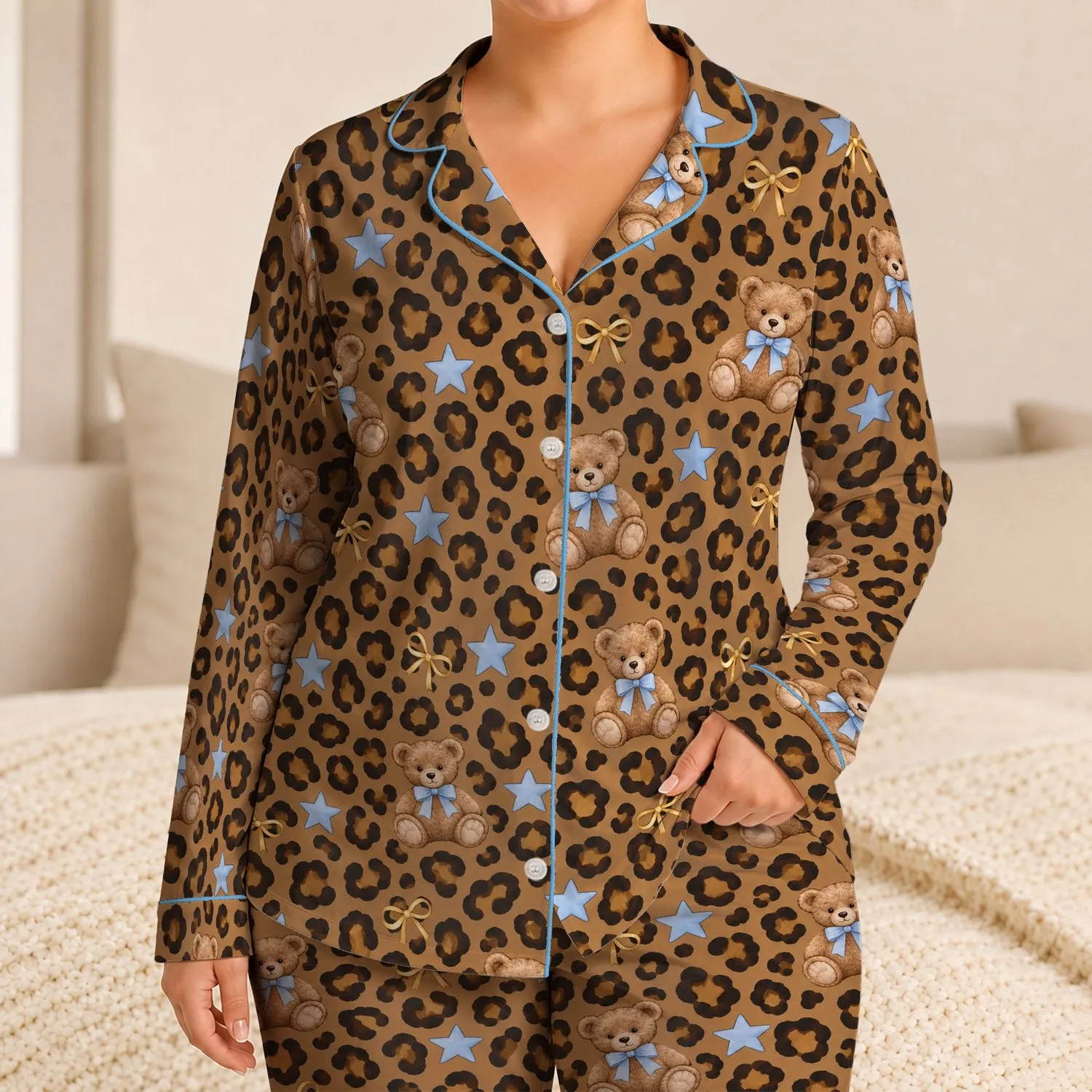 Leopard Spots, Blue Stars and Teddy Bears for Cozy Weekend Lounging and Relaxation Satin Pajamas Set - 1