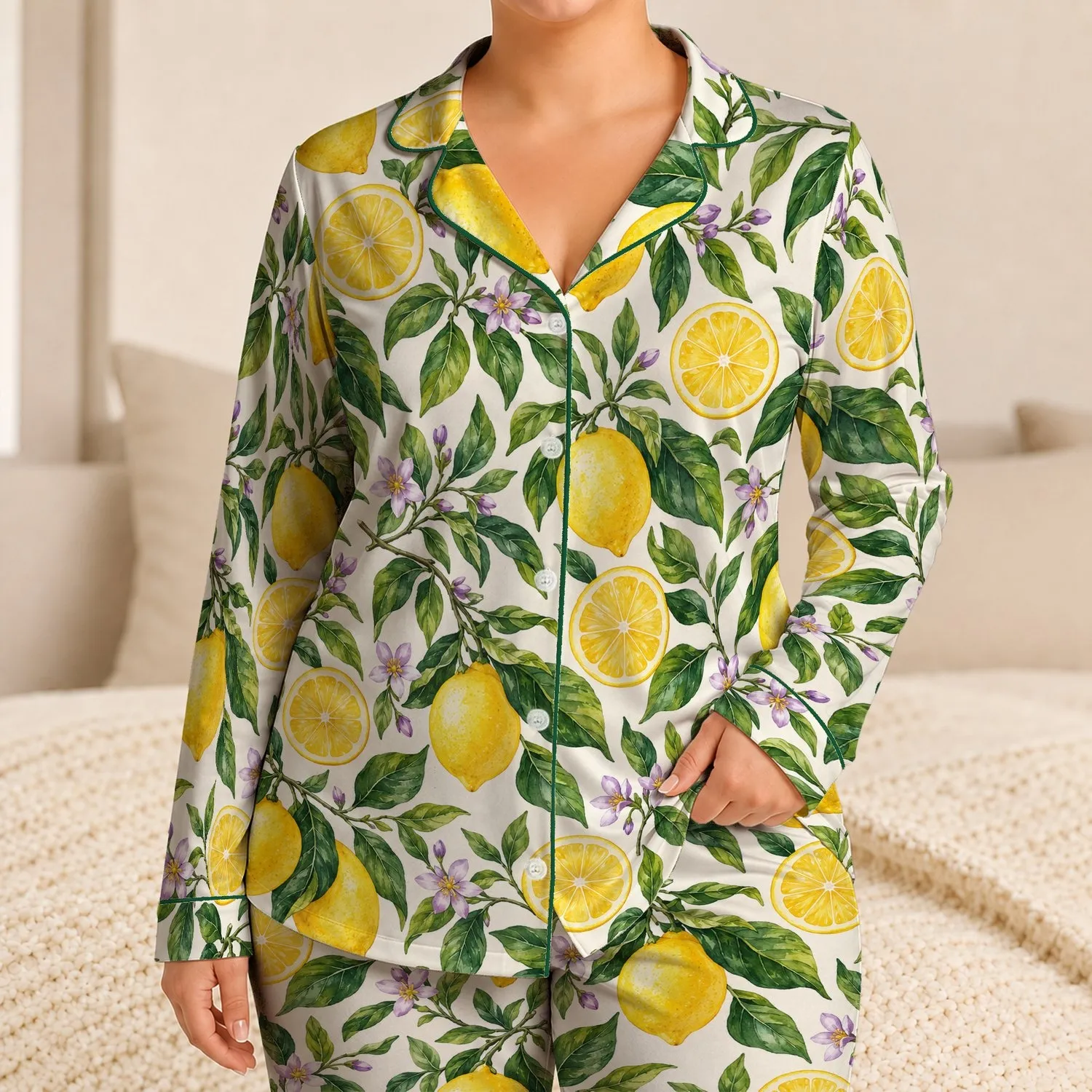 Watercolor Lemons and Violet Blossoms for Sunny Lounging and Summer Getaways Satin Pajamas Set - 1