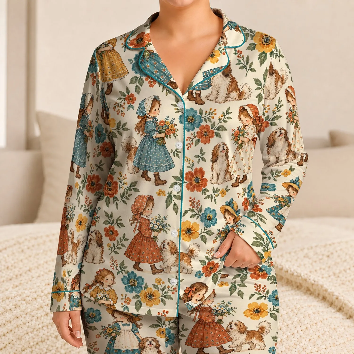 Vintage Storybook Girls, Shaggy Dogs and Wildflowers for Cozy Cottage Evenings Satin Pajamas Set - 1