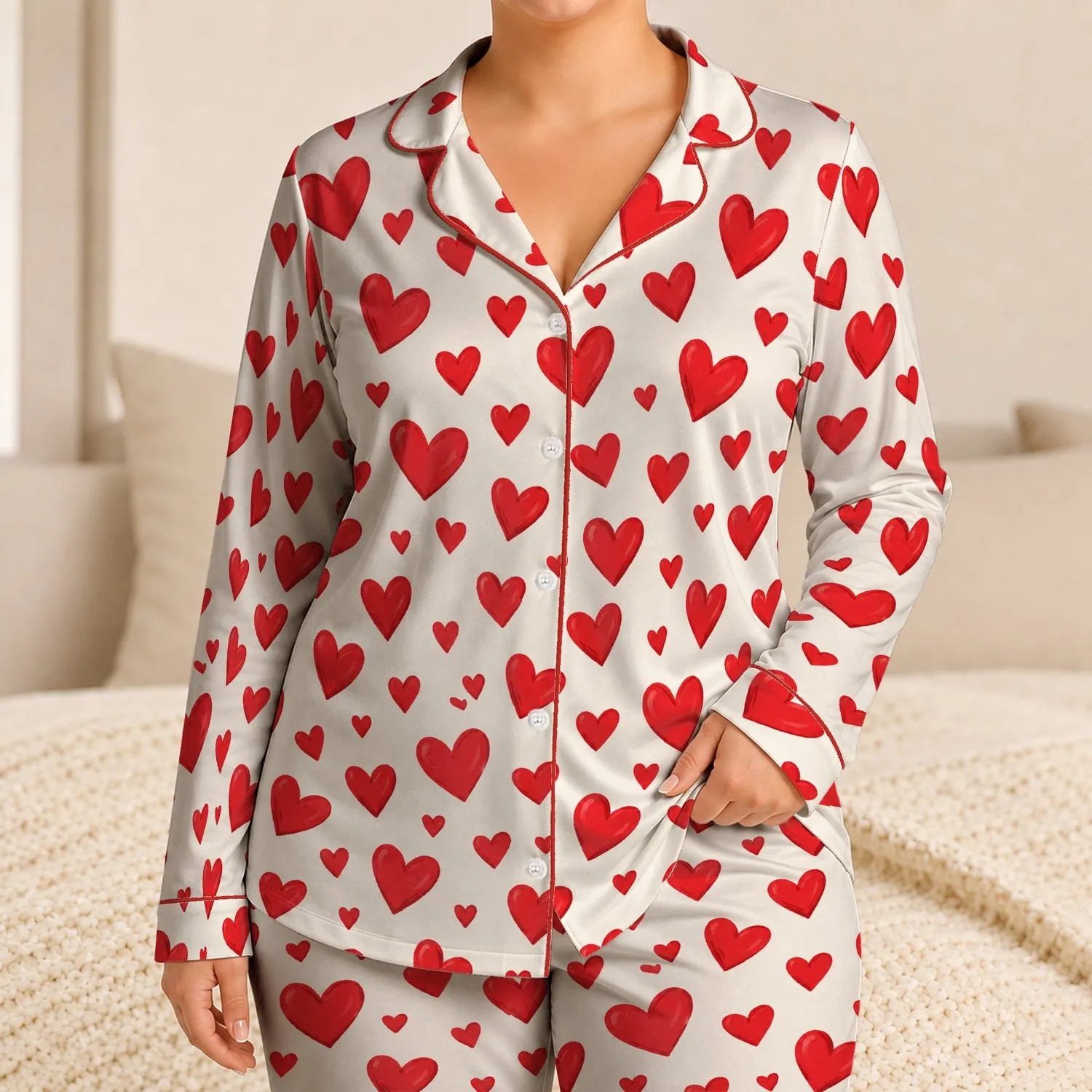 Scattered Red Hearts for Sweet Valentine Mornings and Cozy Romantic Nights for Her Satin Pajamas Set - 1