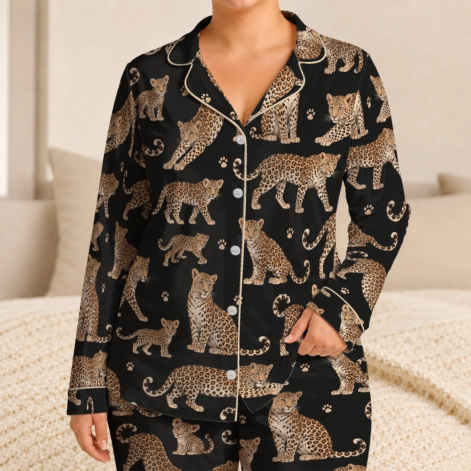 Leopard Motifs for Relaxed Evenings and Cozy Weekend Lounging Satin Pajamas Set - 1