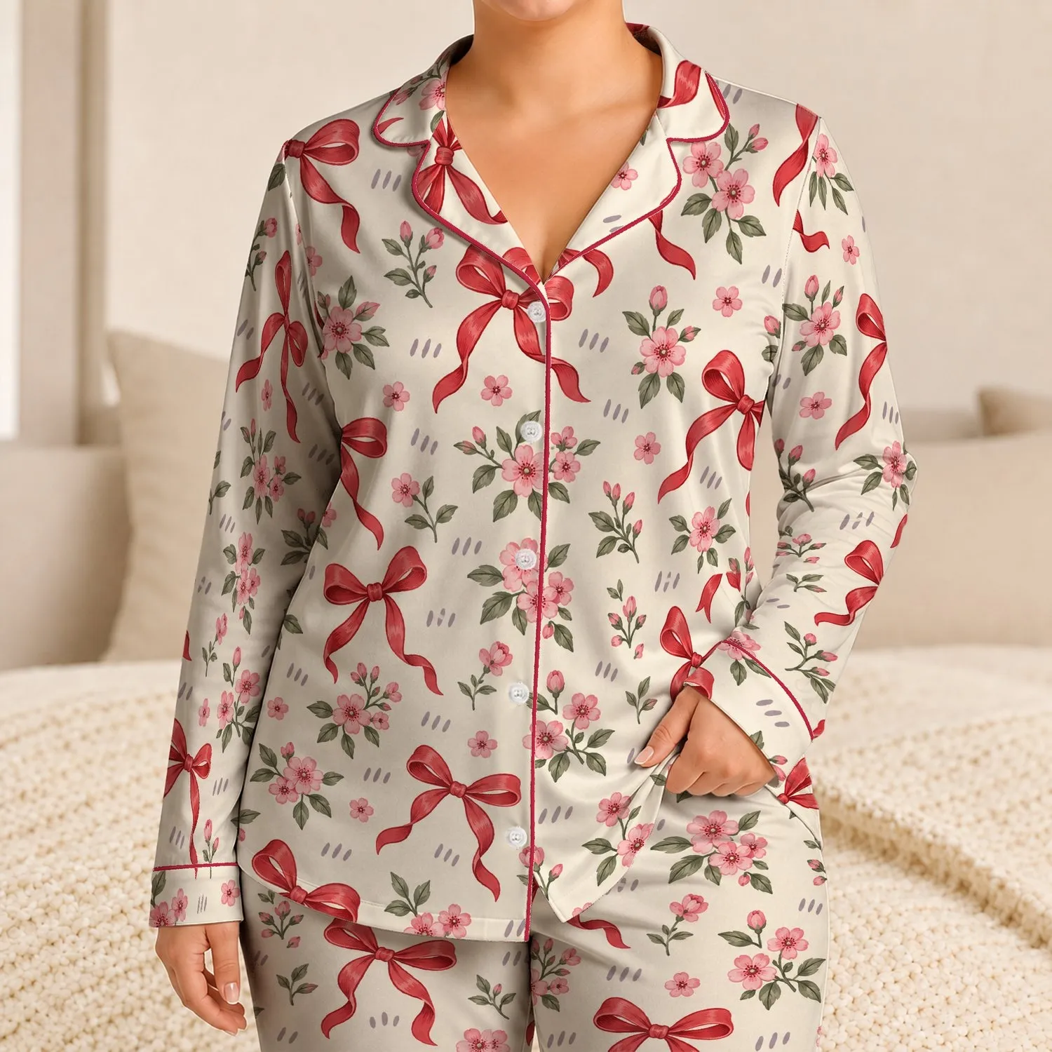 Red Ribbon Bows and Pink Blossoms for Cozy Spring Mornings and a Sweet Gift for Her Satin Pajamas Set - 1