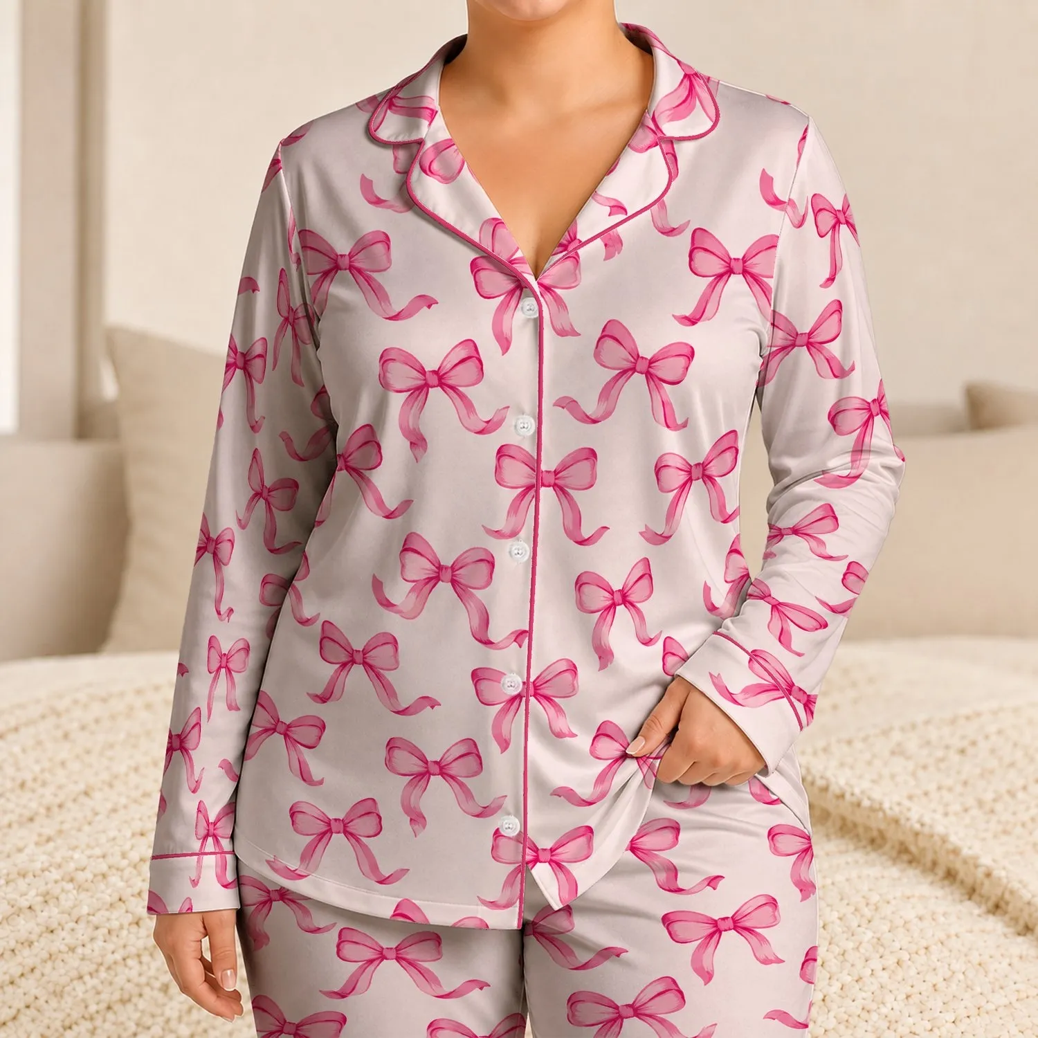 Pink Ribbon Bows for Romantic Getaways and Cozy Evenings at Home, A Sweet Gift for Her Satin Pajamas Set - 1