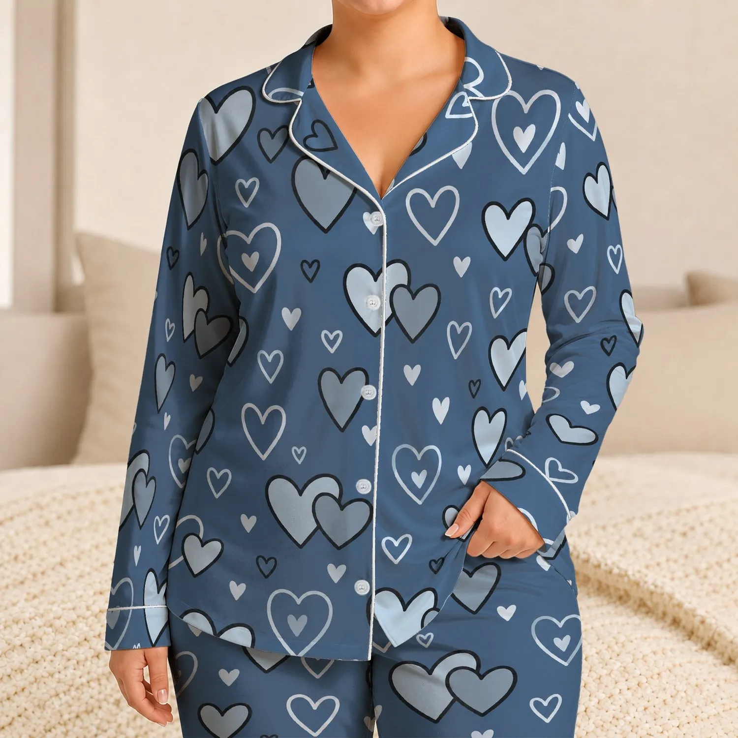 Blue Heart Motifs for Cozy Evenings and Romantic Relaxation at Home, Gift for Women Satin Pajamas Set - 1