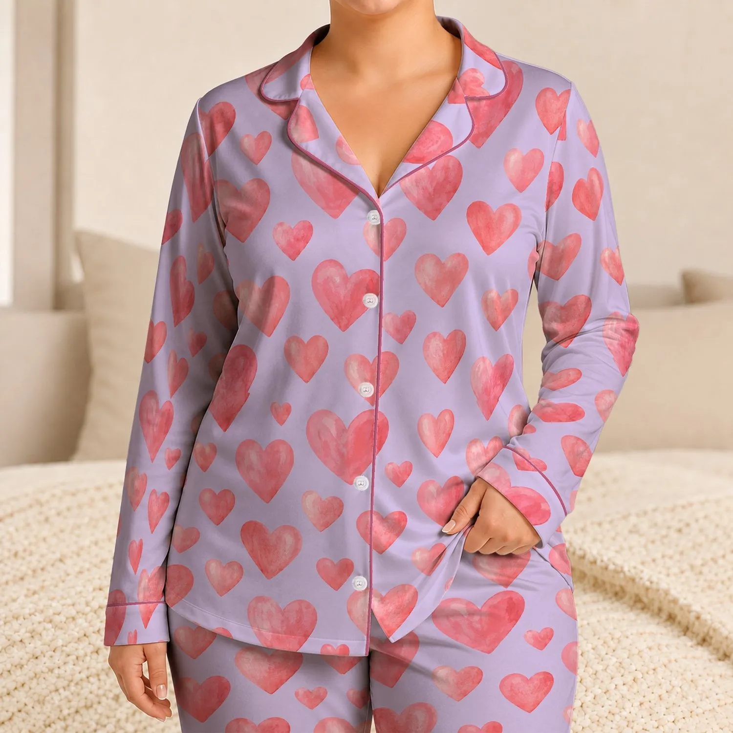 Lavender Heart Motif Cozy Valentine Gift for Romantic Lounging and Sweet Bedtime Satin Pajamas Set - 1